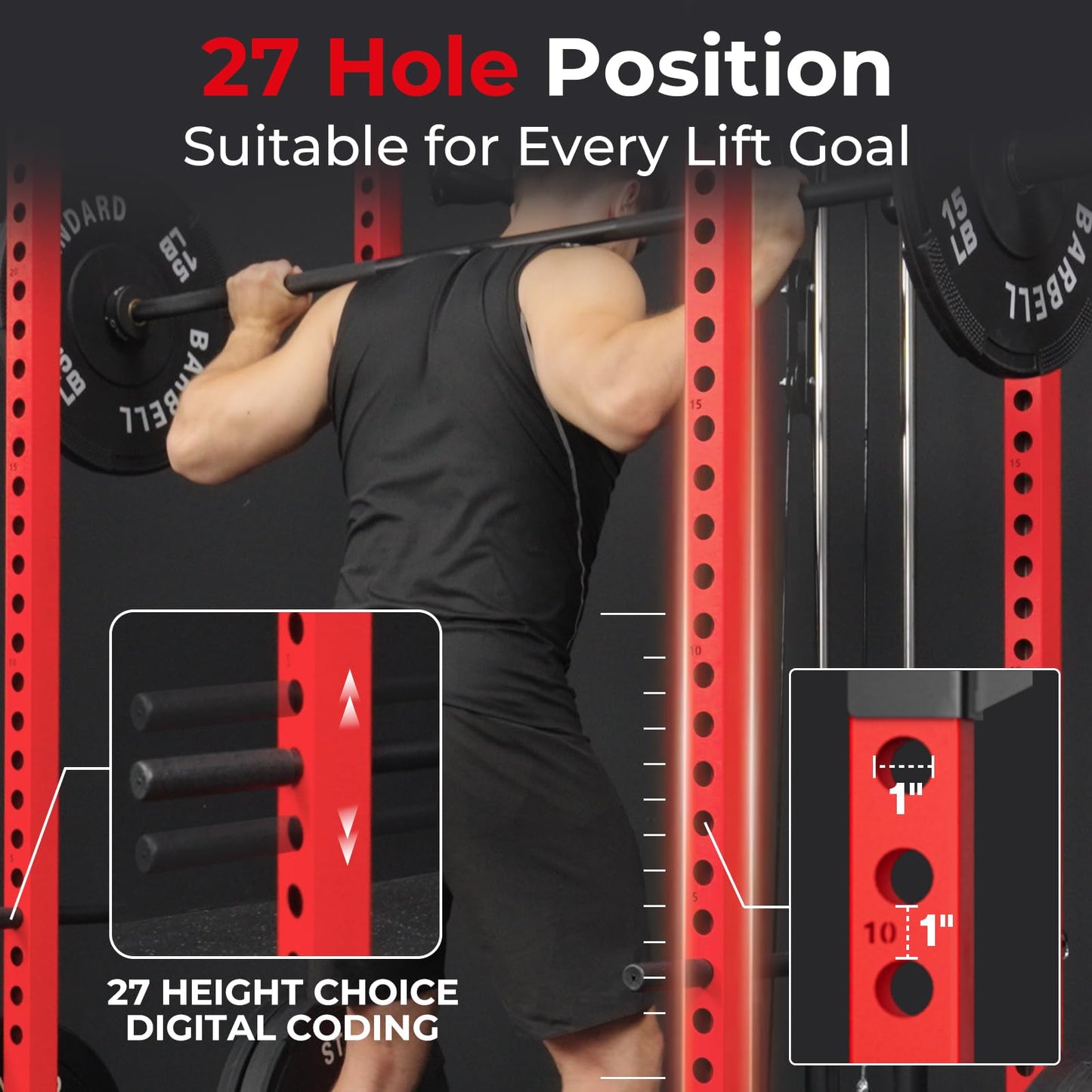 Mikolo F4 2.0 Power Cage with Dual-Track Smooth Pulley System, 1200LBS Power Rack with Leg Hold-Down for Heavy LAT Pulldowns, All-in-One Squat Rack with More Training Attachments for Home Gym (Red)
