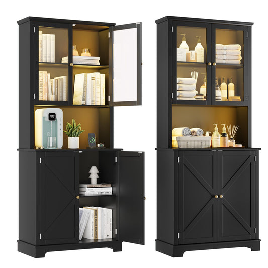 72" Tall Black Kitchen Hutch Cabinet with Glass Doors, 41" Wide Freestanding Storage Cabinet with Charging Station & LED Lights, Open Counter Shelf and Double Lower Doors, Farmhouse Buffet for Dining