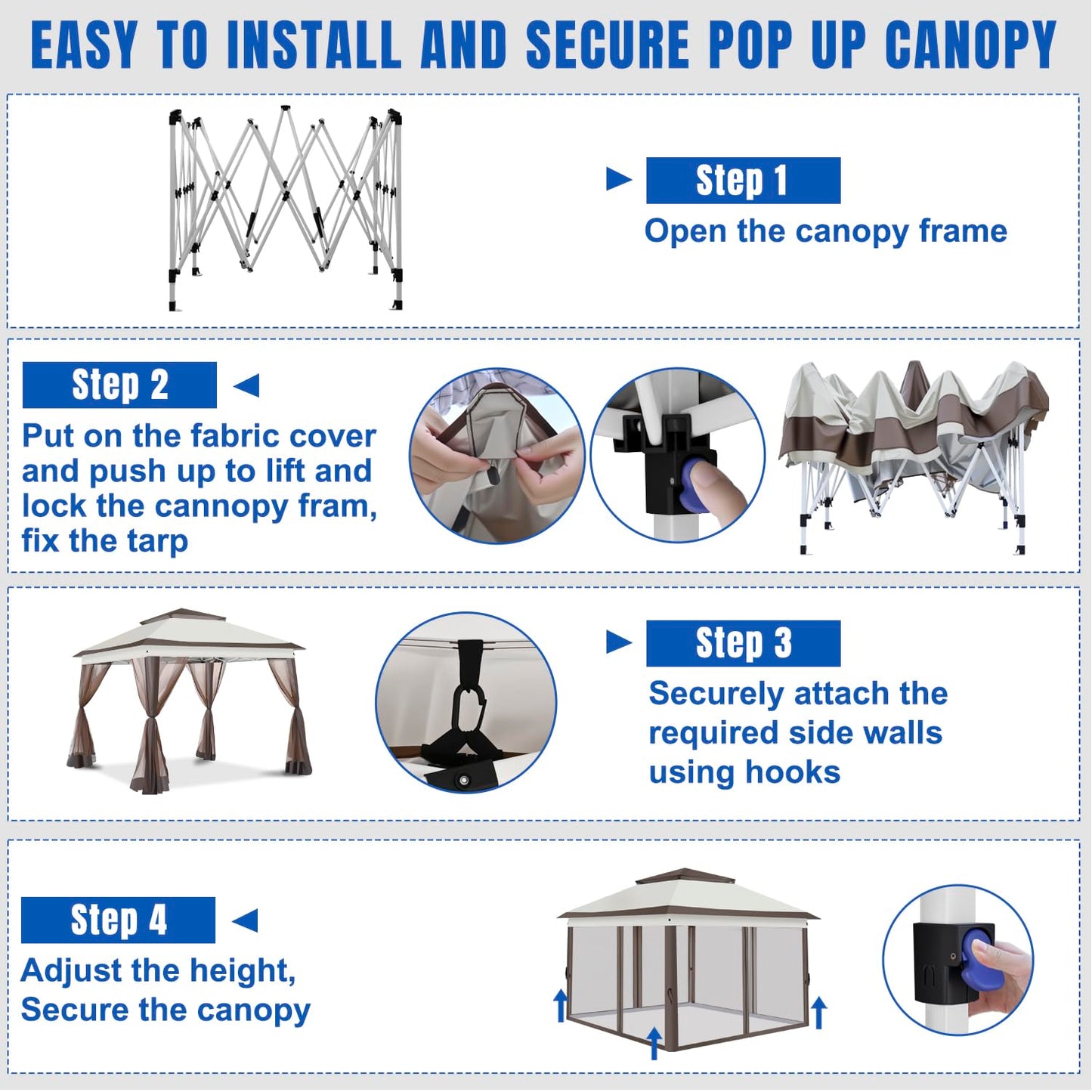 Yesker 10x10 Pop Up Canopy Tent w Mesh Netting Sidewall Vented Top - Heavy Duty Outdoor Canopy, Easy Setup Shelter Gazebo Waterproof 10x10 Popup Tnets for Patio Backyard Parties & Events, Khaki Brown
