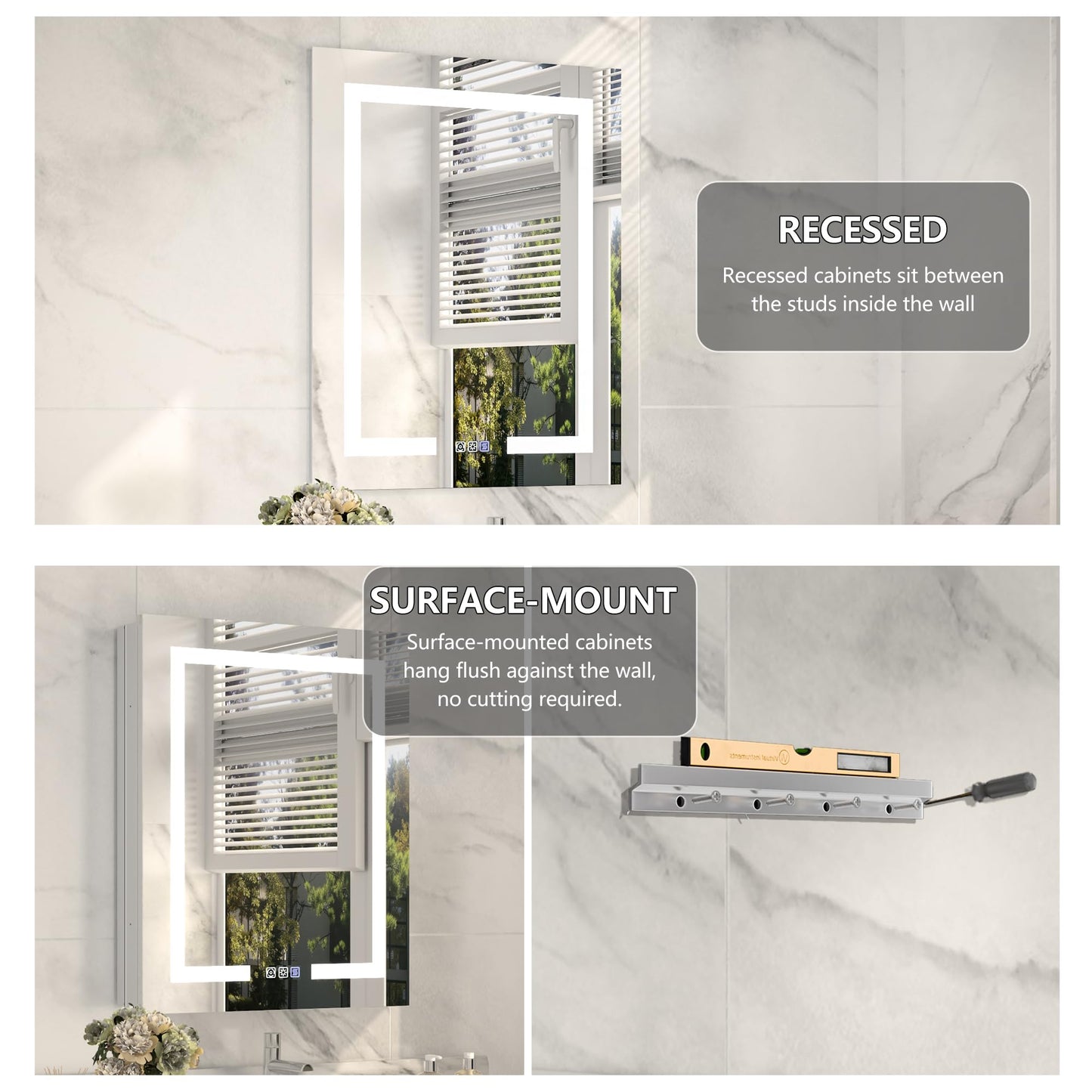 24“x30" LED Medicine Cabinet Mirror, Plastic Bathroom Mirror with Storage, Wall-mounted Mirrored Medicine Cabinets with Adjustable Tempered Glass Shelves, Lighted Mirror Cabinet, Anti-Fog Function