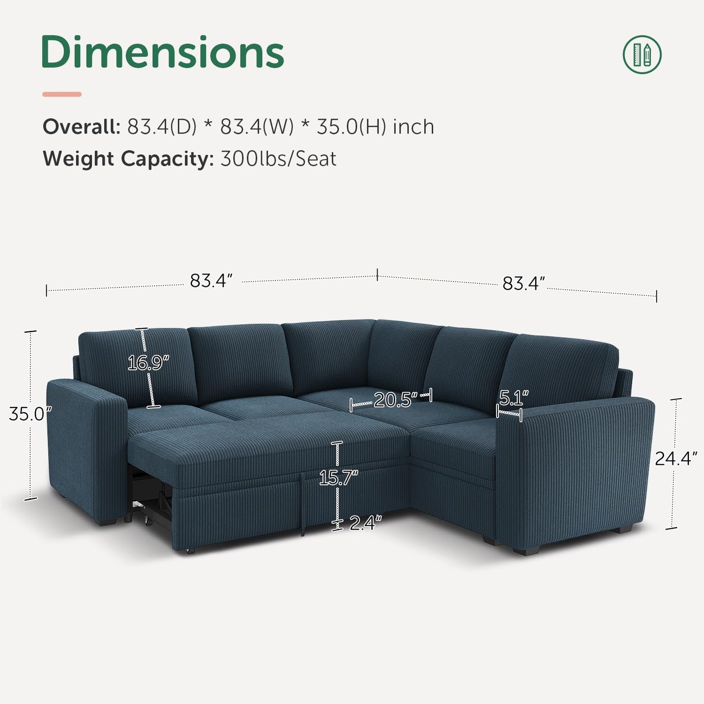 HONBAY Modular Sectional Sleeper Couch with Pull Out Bed, Corduroy L Shaped Sofa with Storage, Convertible Sectional Couches for Living Room, Blue