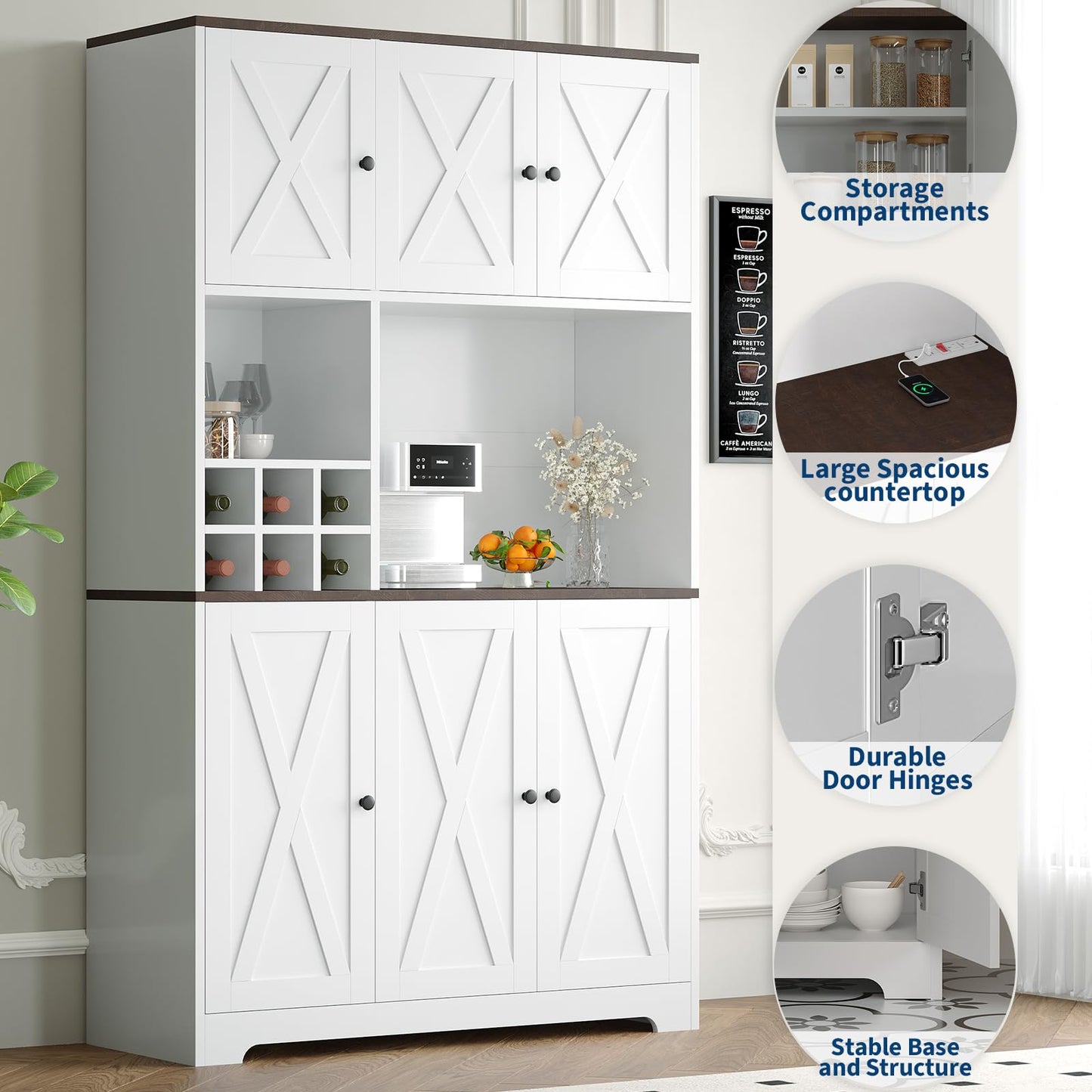 IDEALHOUSE 71" White Farmhouse Kitchen Pantry Cabinet with Wine Rack & Coffee Bar Station - Tall Freestanding Storage Cabinet Hutch for Dining Room, Living Room, Home Bar