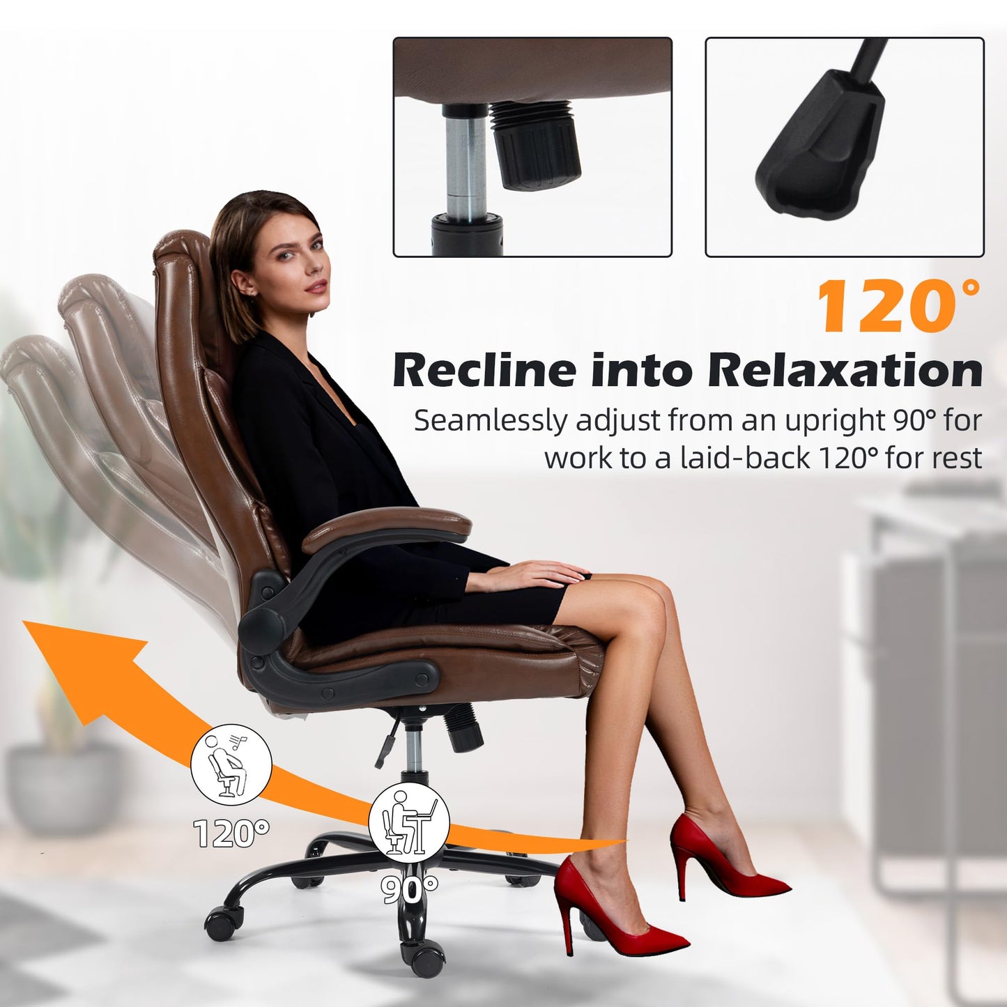 Office Chair - Ergonomic High Back Computer Desk Chair with Rocking Function & Lumbar Support - Executive Comfortable Wide Swivel Rolling Office Leather Chair with Flip-up Armrests for Home Gaming