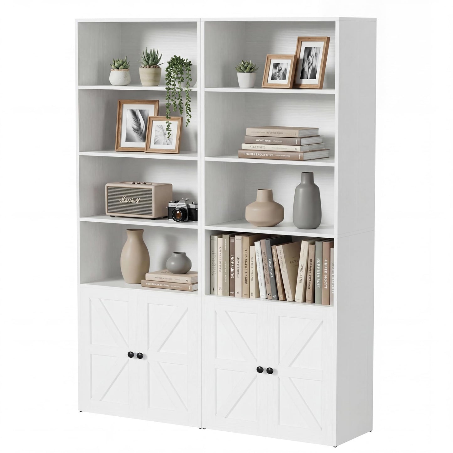 YESHOMY Farmhouse Bookshelf and Bookcase with Storage, 71.5" Tall Industrial Bookshelves and Bookcases with Doors, 4-Tier Floor Standing Tall Display Cabinet for Home Office, Living Room, White, 2 PCS