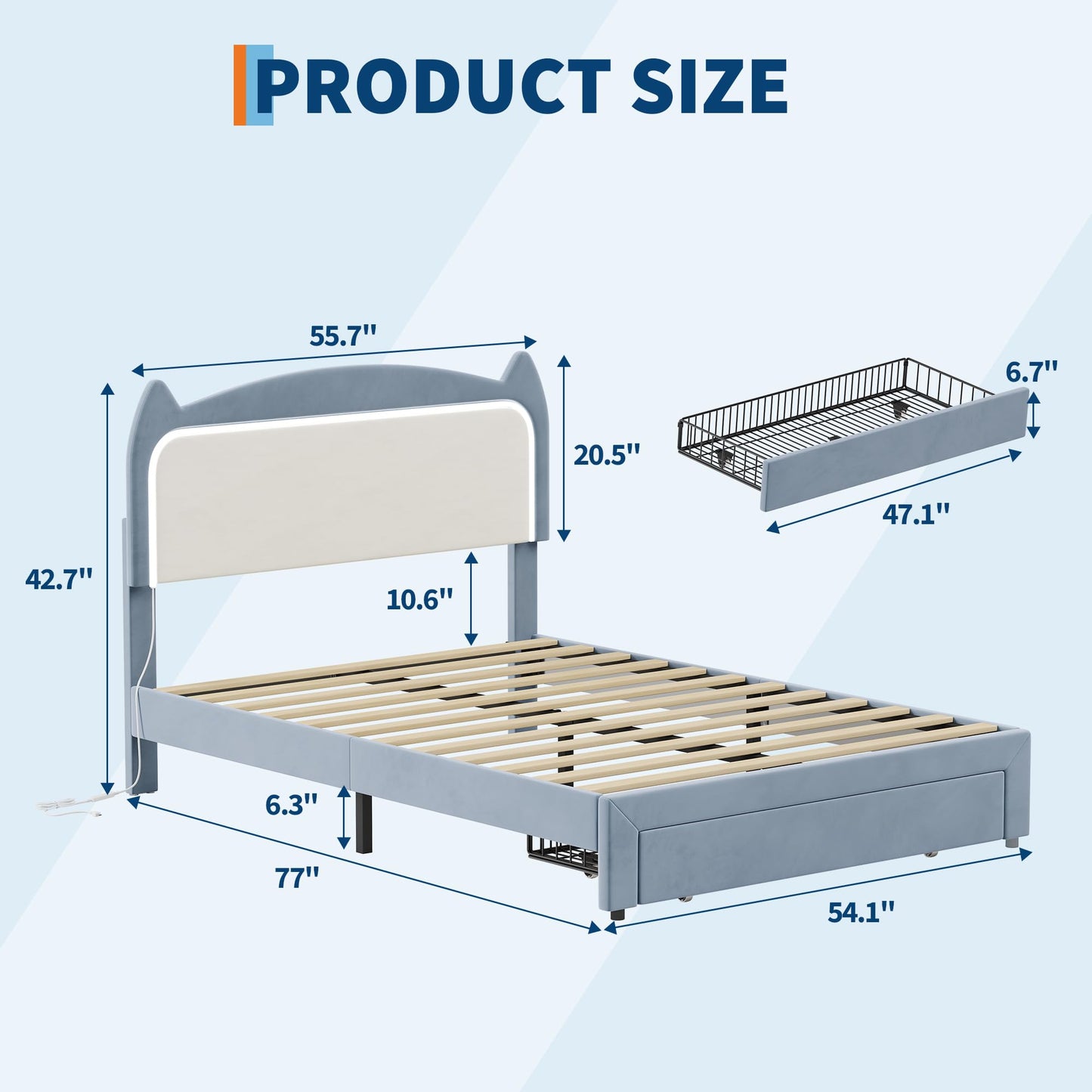 Garvee Full Size Bed Frame with Storage Drawer and Cat Headboard, Platform Bed Frame with RGB LED Lights, Strong Wood Slats Support, Noise Free, No Box Spring Needed, Easy Assembly, Blue and White