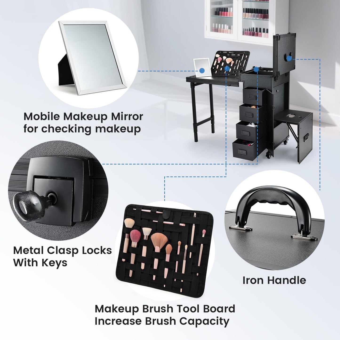 Joligrace Rolling Manicure Table with Pedicure Chair 4 Drawers Rolling Makeup Case Foldable Nail Desk Cosmetology Case on Wheels Brush Pouch Mirror Nail Kits Technician Workstation Artist Trolley