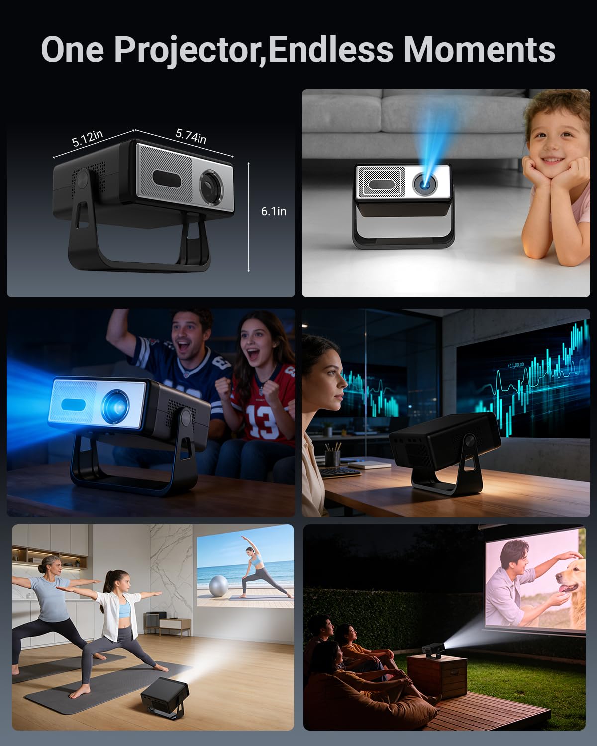 Smart Projector with WiFi and Bluetooth, Built-in Streaming Apps, Native 1080P, 4K Support, Auto Focus & Keystone, 210° Rotation, Movie Projector for Outdoor Bedroom Home Office