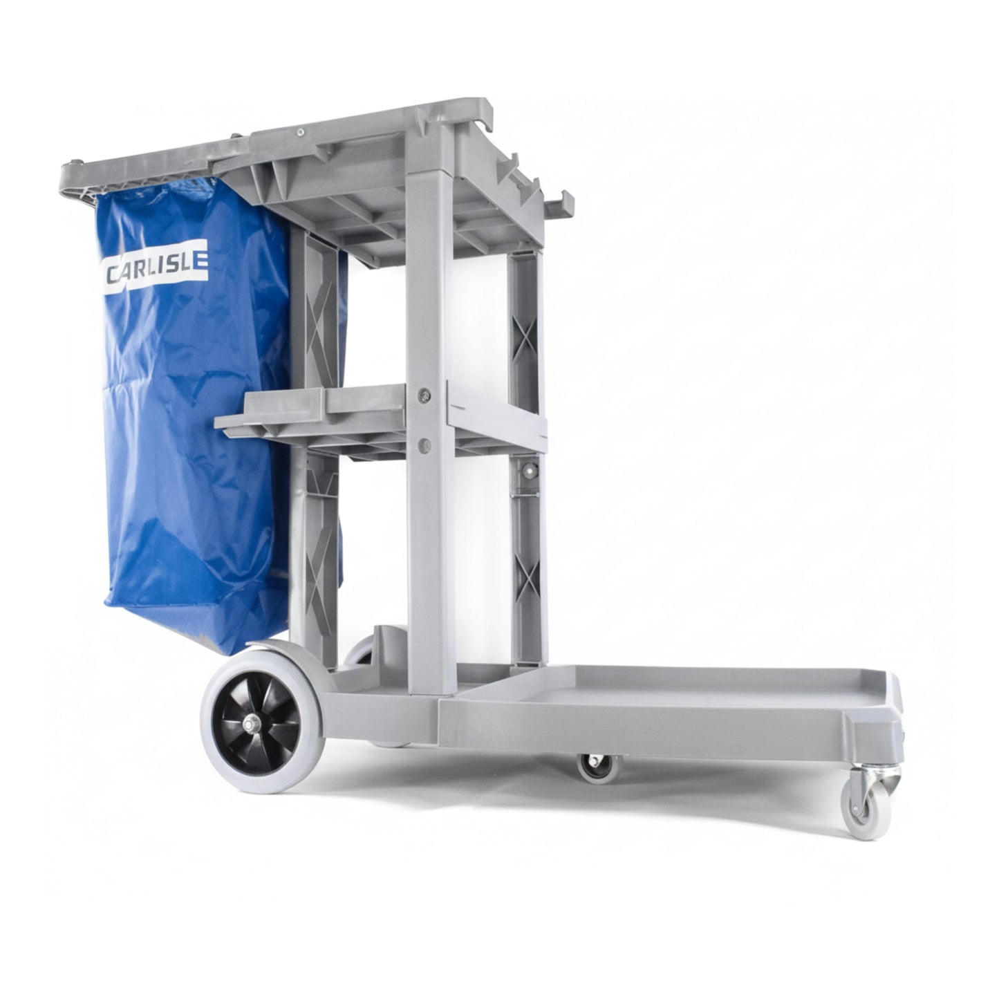 Carlisle FoodService Products Janitorial Cart Long Platform Cart with 25 Gallon Trash Bag for Restaurants, Hospitals, and Schools Plastic, 49 X 21 X 39 Inches, Gray