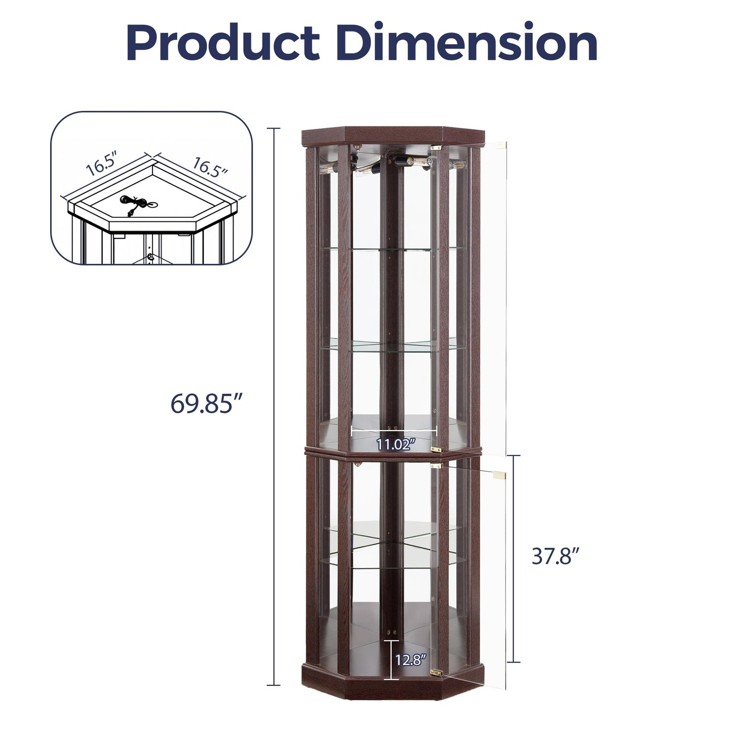 Topcomfy Corner Curio Cabinet, Lighted 3-Side Glass Display Curio Cabinet with Tempered Glass Doors & Adjustable Shelves, Wine Bar China Cabinet with Bulb for Living Room (Dark Cherry)