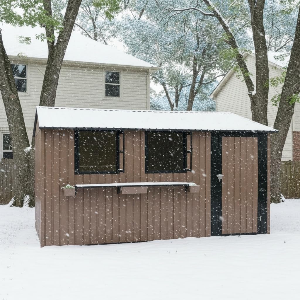 KEIKI 12x10 FT Outdoor Metal Storage Shed with 3 Clear Windows, Walk in Lockable Single Door Heavy Duty Steel Utility Shed Waterproof Rust Resistant Windproof for Backyard Garden Yard, Brown