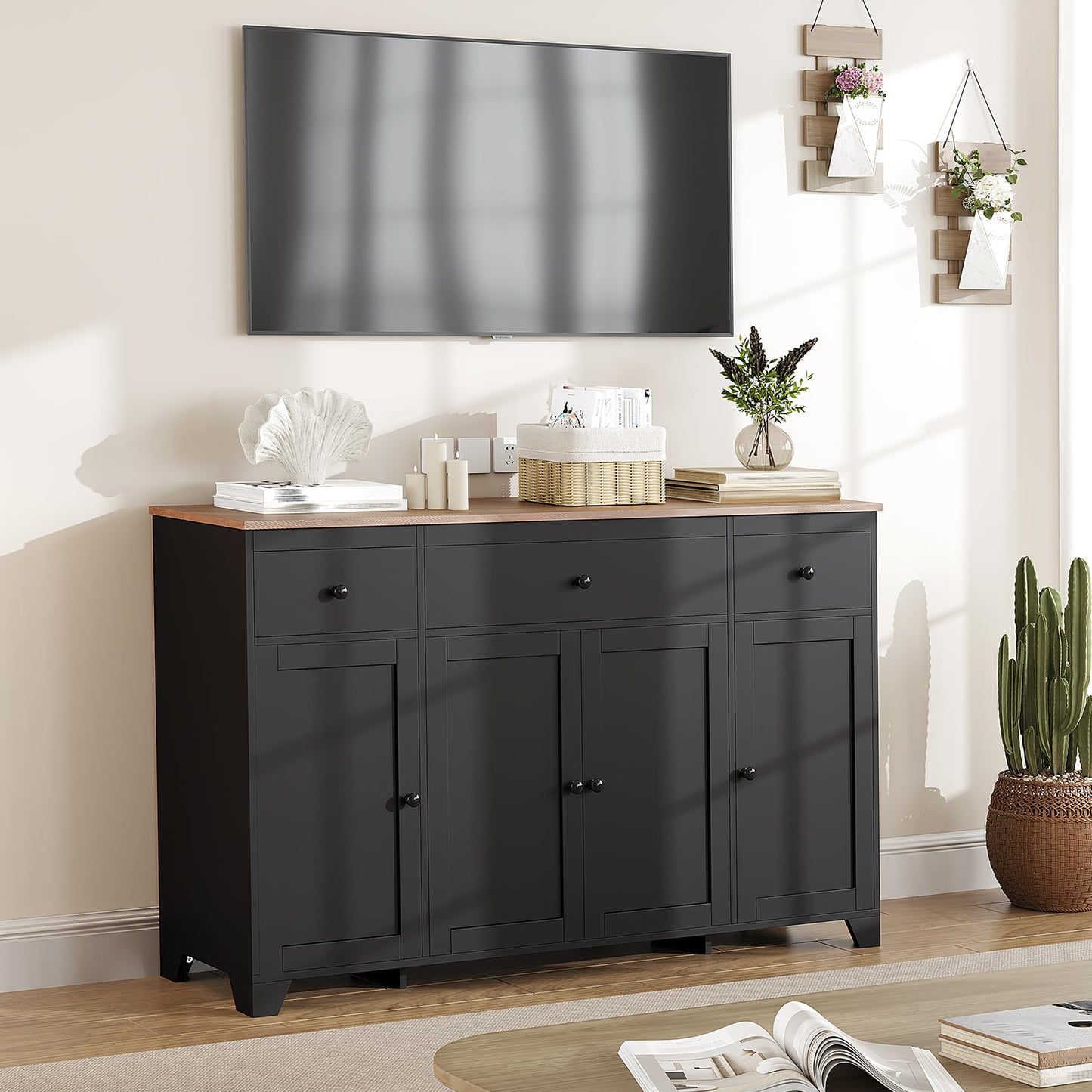 GarveeHome 55" Sideboard Buffet Cabinet with Storage, Minimalist Kitchen Storage Cabinet with 3 Drawers & 4 Doors, Buffet Console Table Coffee Bar with Adjustable Shelf for Dining Living Room- Black