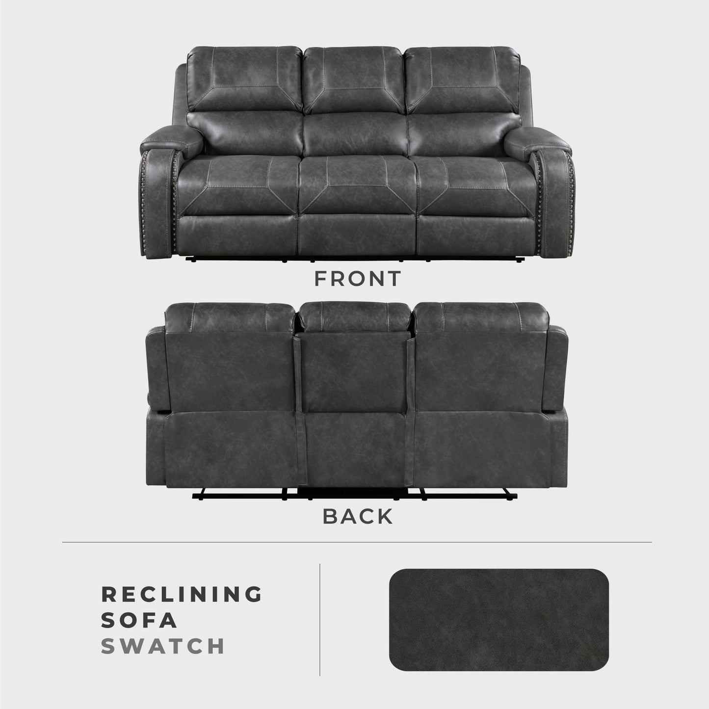Lexicon Modern Double Recliner Sofa, Faux Leather Reclining Sofa with Nailhead, Center Drop-Down Cup Holders, Receptacles, USB Ports, Manual Recliner Couch Sofa for Living Room/Office/Apartment, Grey
