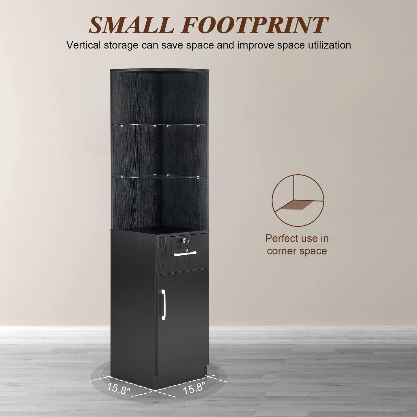 BarberPub Corner Salon Storage Cabinet with Door and Glass Shelves, Beauty Barber Equipment for Storage, 15.8" W x 69.9" H x 15.8" D 3200 (Black)