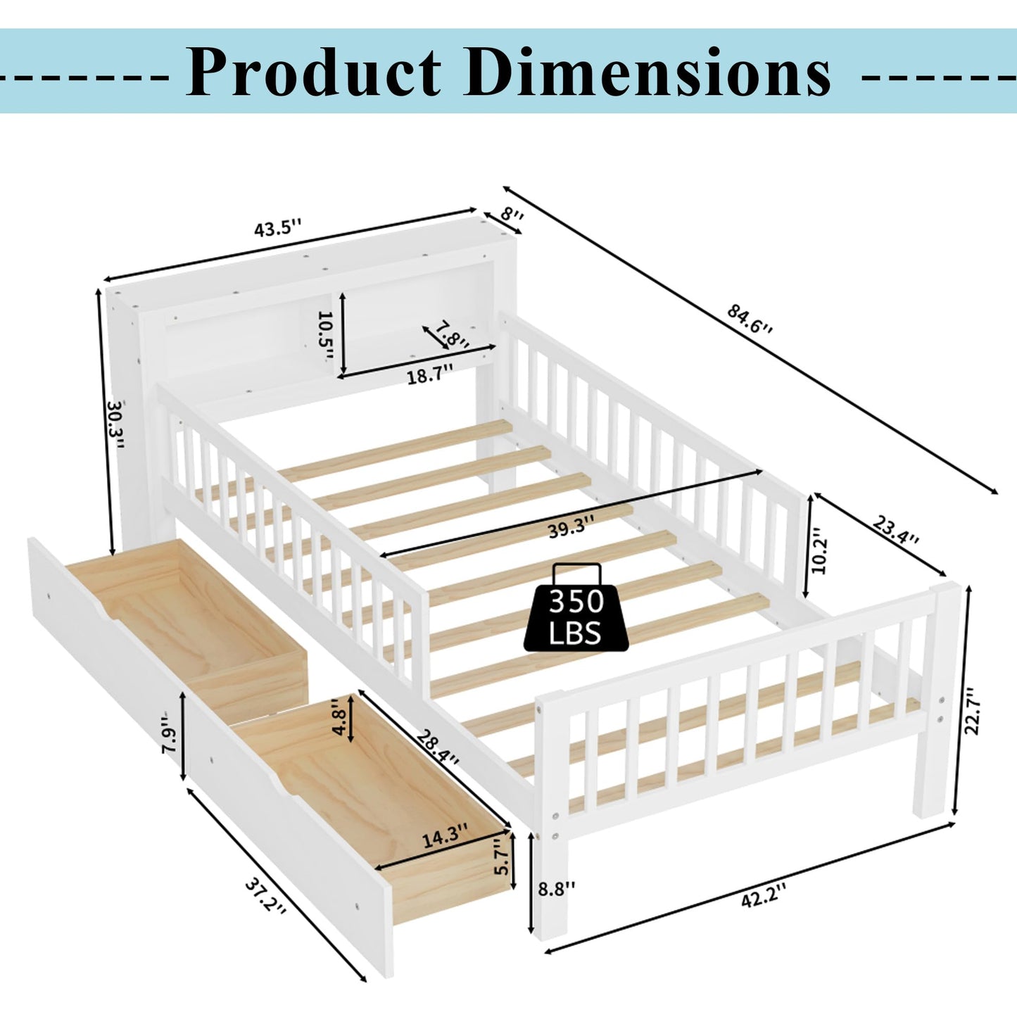 Bellemave Kids Twin Bed Frame with Fences, 2 Drawers & Storage Headboard, Twin Size Platform Bed with 3-Side Guardrails for Kids, Girls & Boys, White