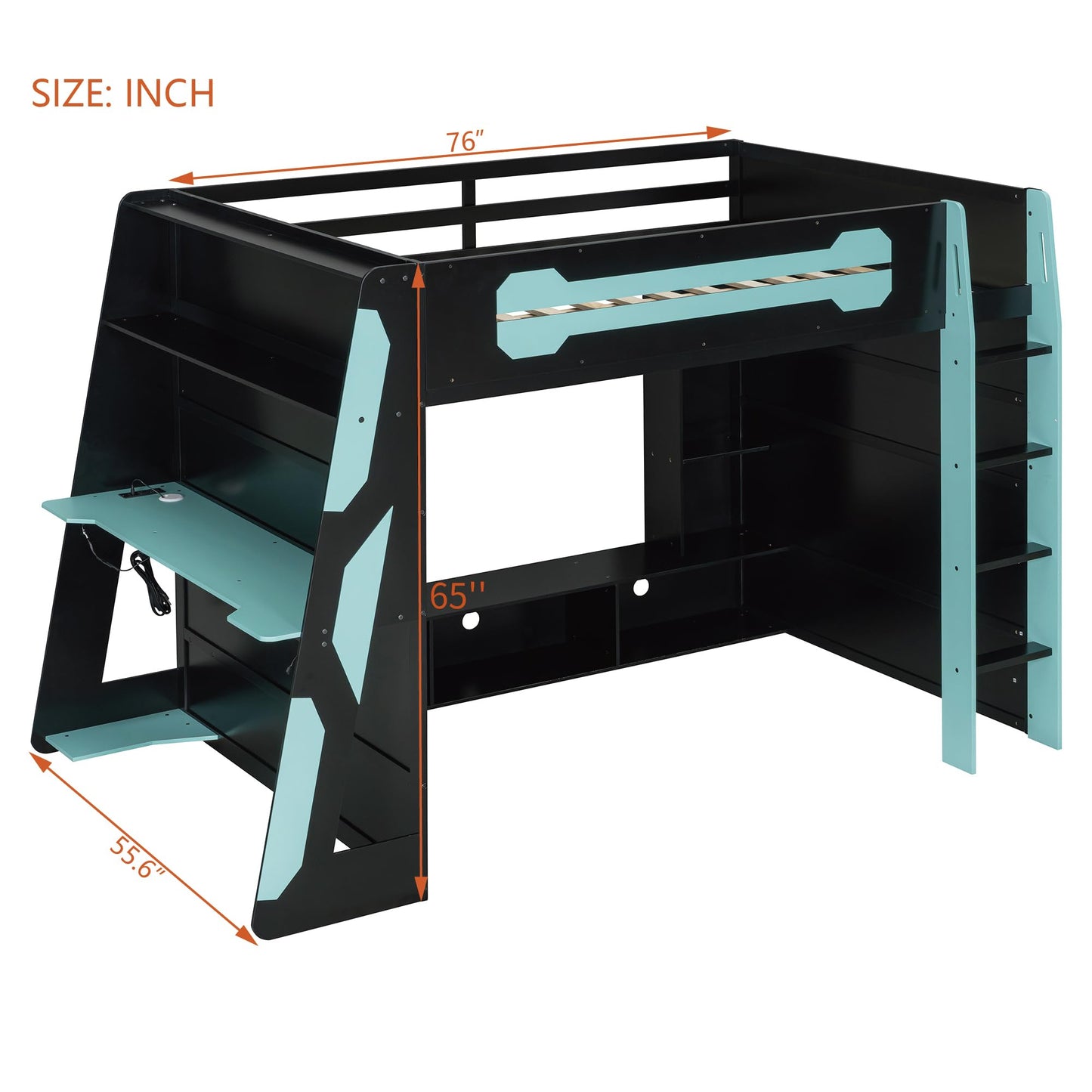 Merax Full Size Loft Bed with Desk and Multi-Storage Shelves, Wooden Gaming Loft Bed Frmae with Light and Charging Station, Space-Saving Bed with Safety Guardrail, No Box Spring Needed, Blue