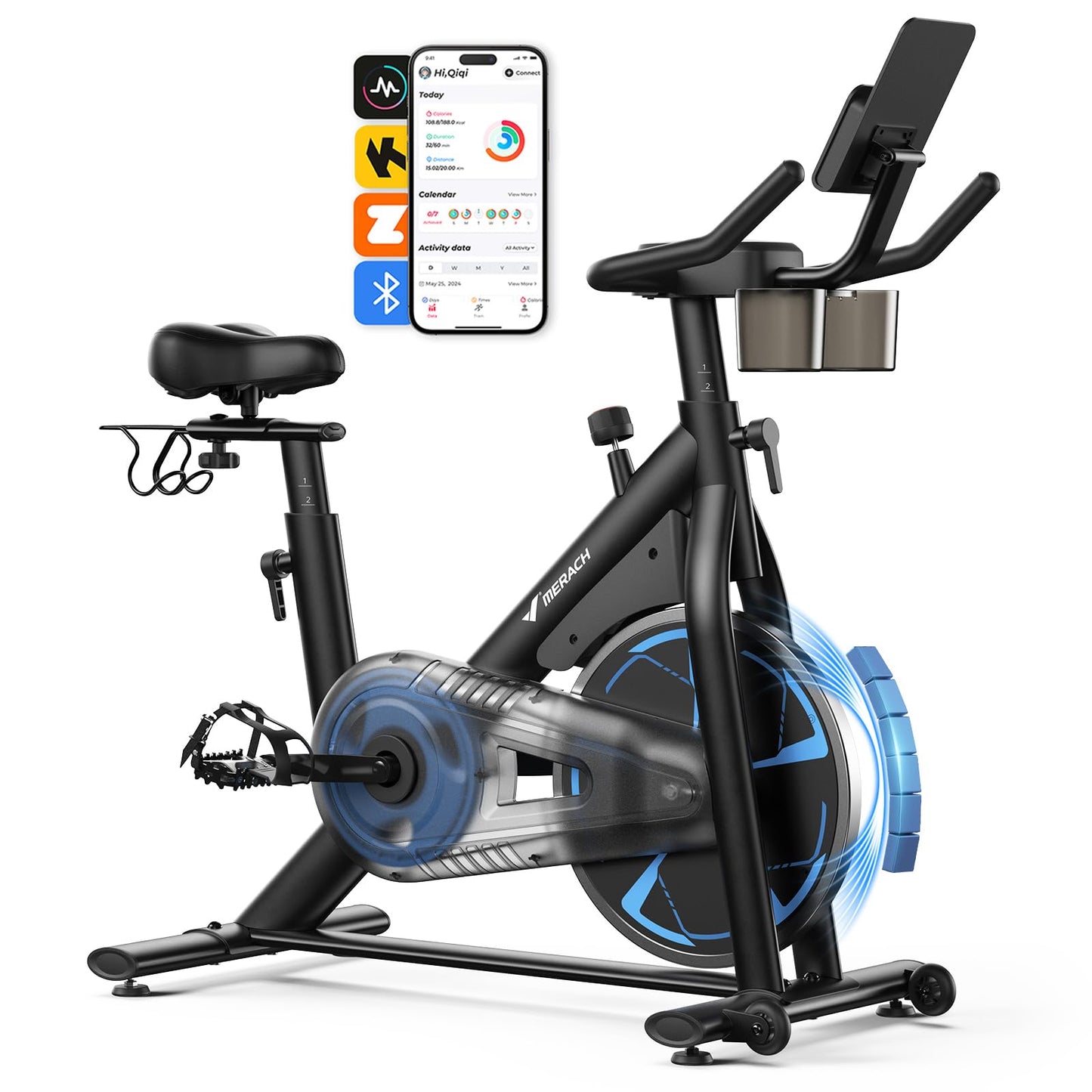 Merach Magnetic Exercise Bike, Low Noise Stationary Bike for Home with Comfortable Seat Cushion, Spinning Bike with 330 lb Weight Capacity, Exclusive App, Tablet Mount and Fitness Courses