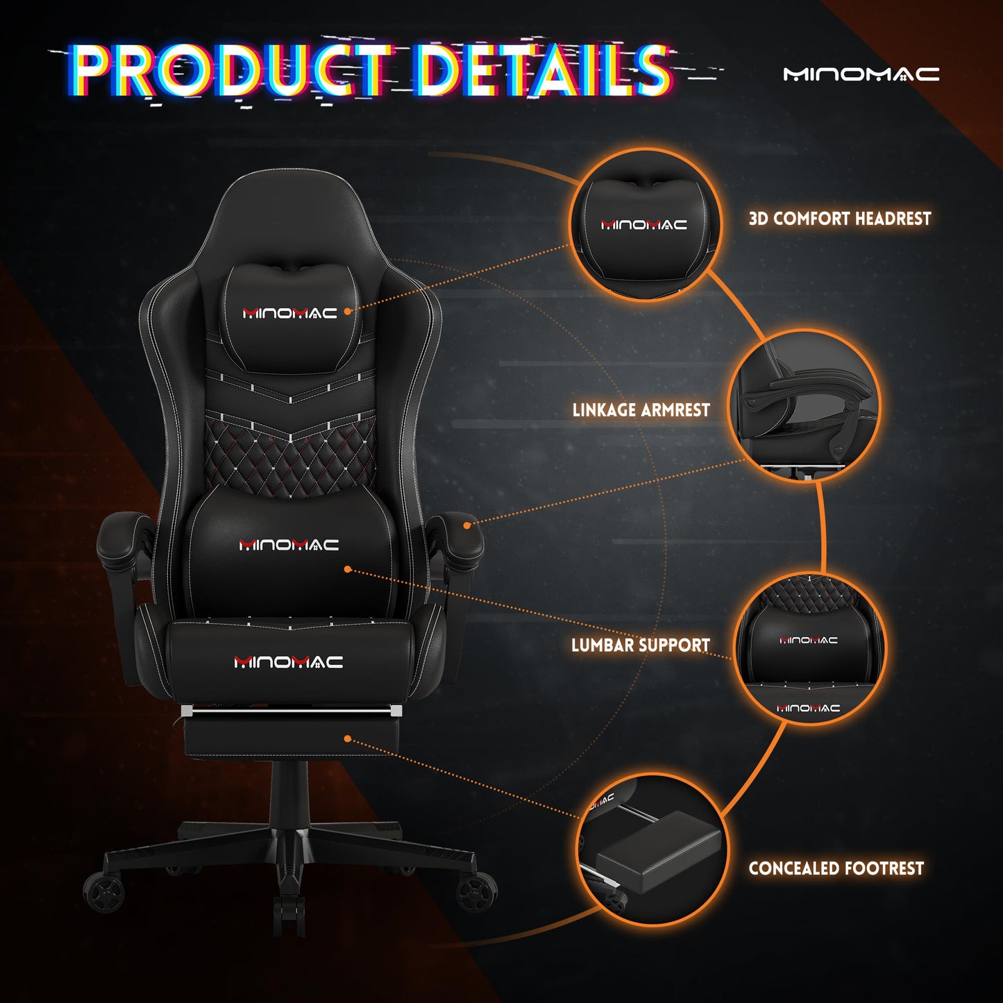 MINOMAC Gaming Chair,Ergonomic Computer Gaming Chair,400lb Load-Bearing,Retractable Footrest/Waist Support/Ergonomic Backrest[Spring + 4D Sponge] (Black)