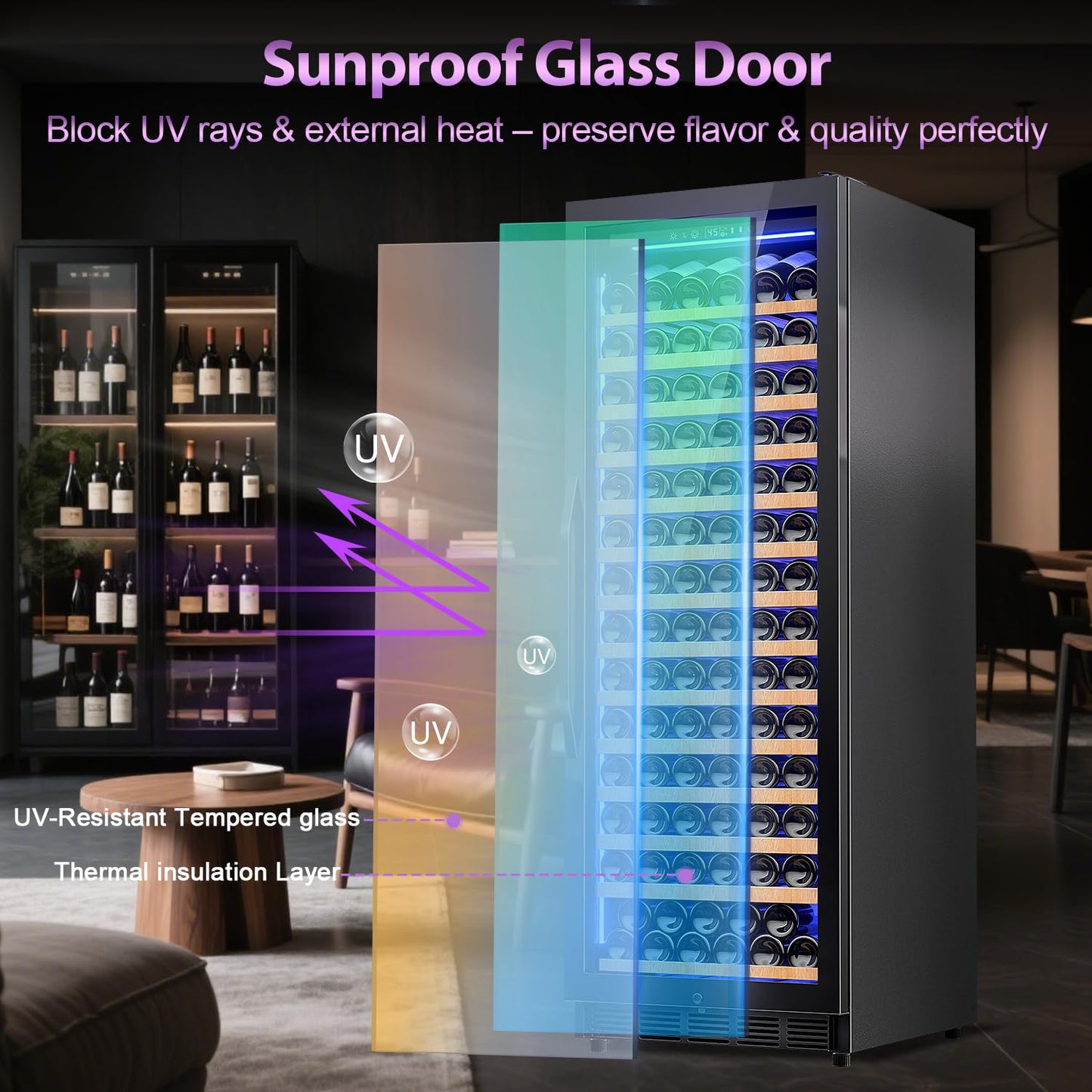 Velivi Wine Cooler-Wine Fridge with Safety Lock Freestanding/Built in 24 Inch Wide Large Wine Refrigerator for 154 Bottles,Cellar Chiller Low Noise, Fast Cooling, Black