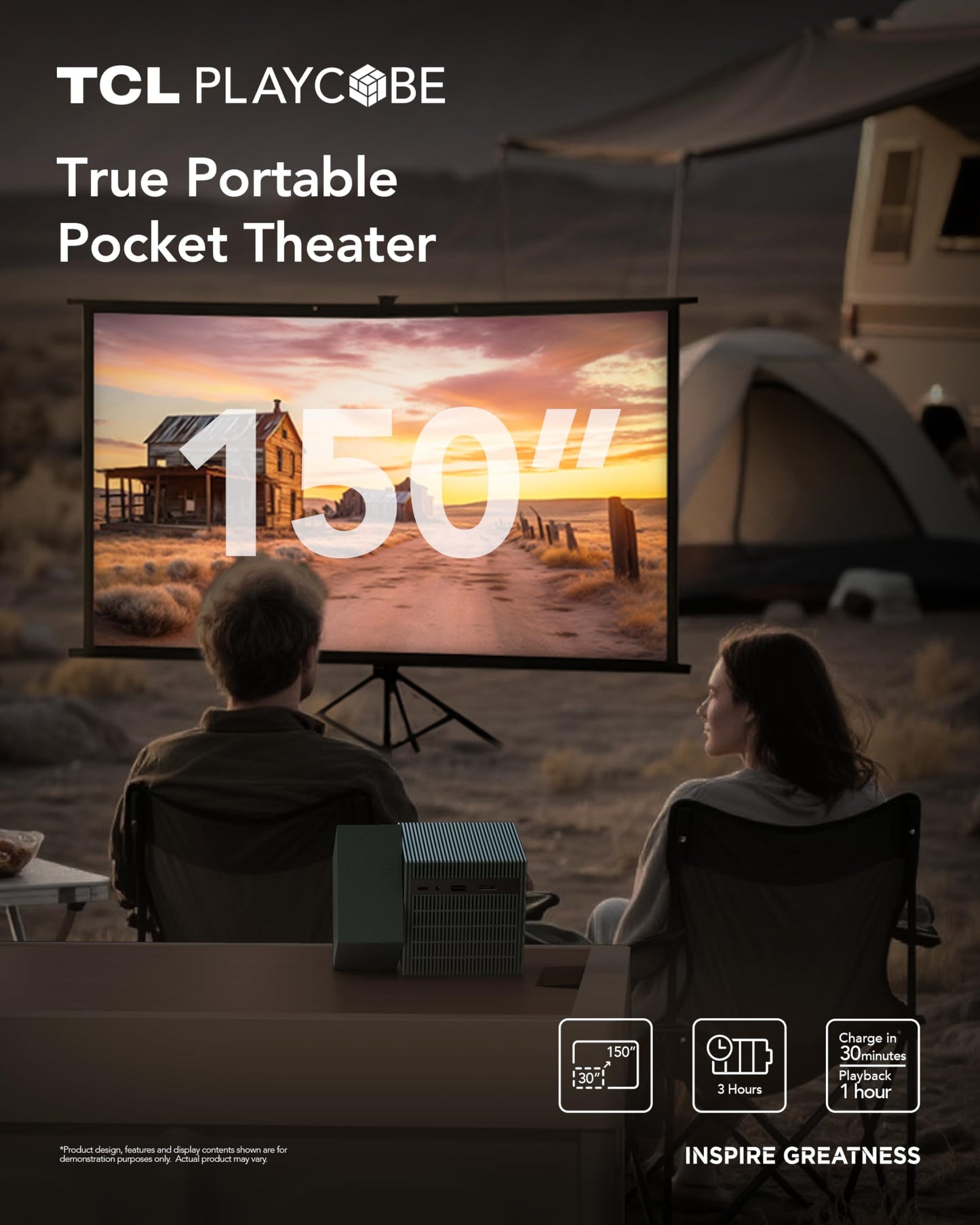 TCL PlayCube 1080P FHD DLP Projector, Portbale Projector Compatible with Google TV & Netflix, 750 ISO Lumens, 4K Supported, Built-in 66Wh Battery, Up to 150'' Screen, Auto Focus & Keystone