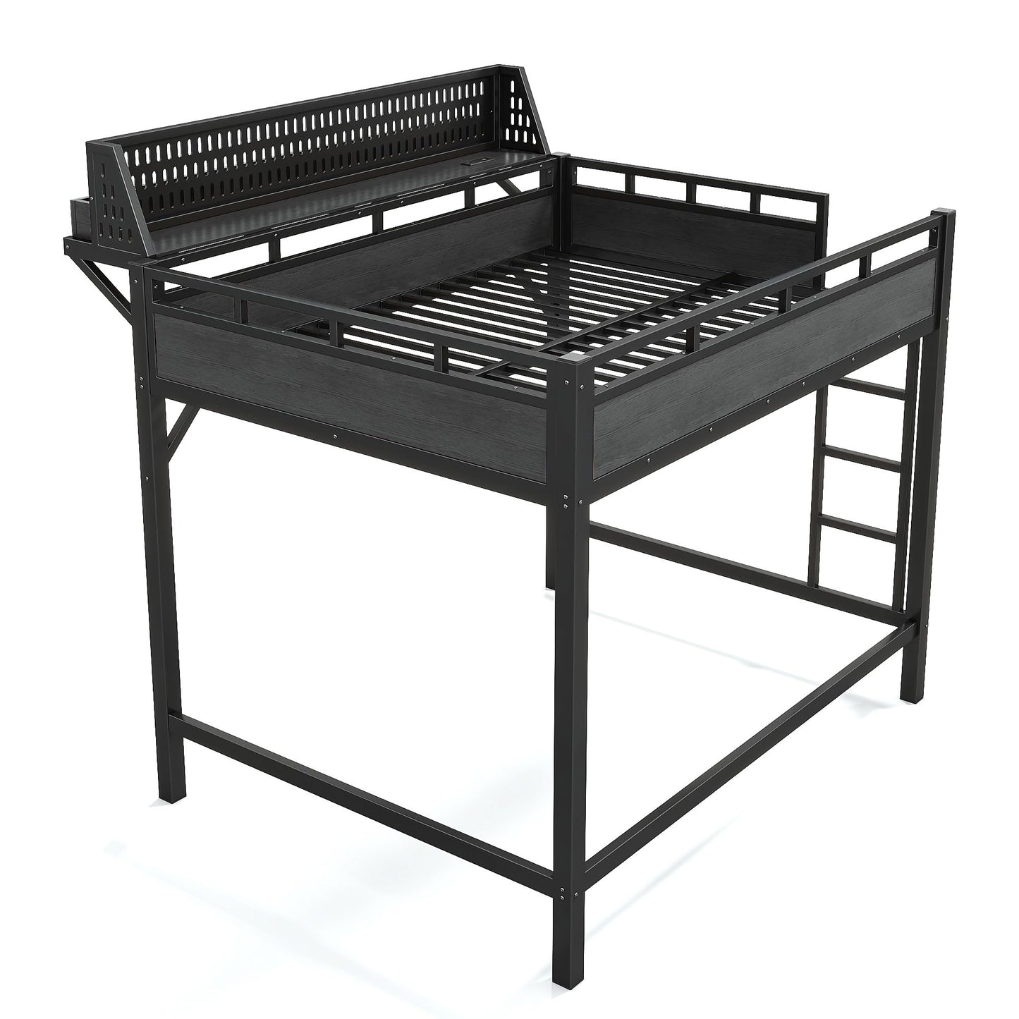 FammyLoft Full Size Loft Bed Frame, Metal Loft Bed with Storage Shelves, Pegboard and Ladder, Space Saving Loft Bed with USB Ports and LED Lightsfor Adults, Kids, Teens, 350 lb Capacity, Black