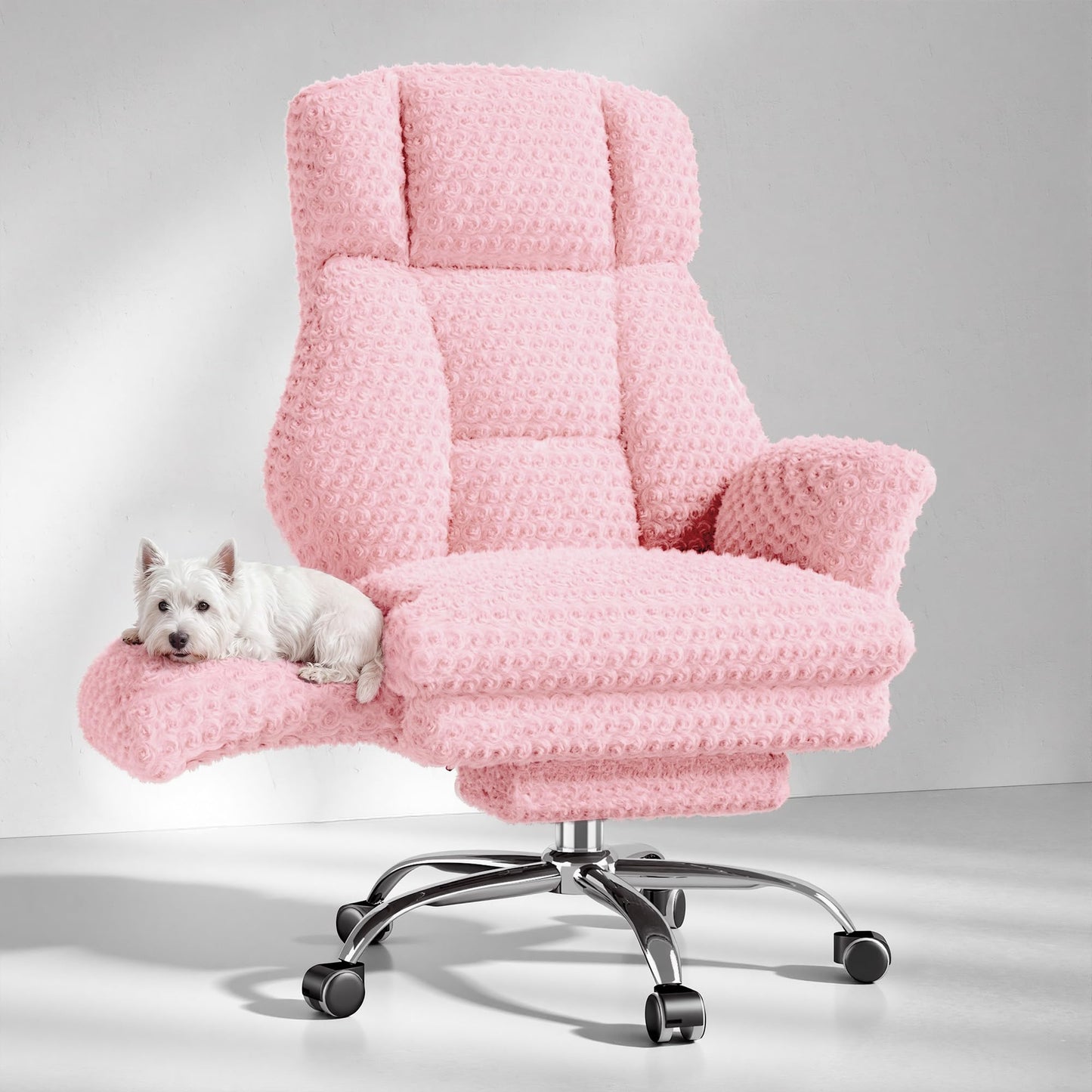 HOMRELEXA Big and Tall Office Chair, Flip Armrests for Pets & Cross Legged Sitting, Executive Ergonomic Computer Gaming Chair with Foot Rest, Rose Velvet Pink Wide Seat Reclining Desk Chair