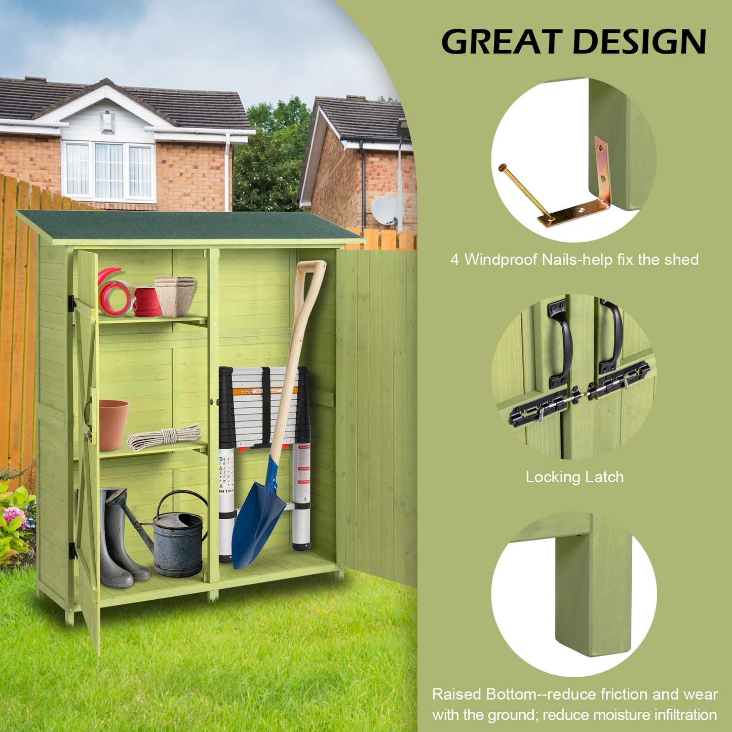 VINGLI Upgraded Outdoor Wooden Storage Shed, Extra Large Garden Shed Outside Tool Cabinet with 2 Safety Latches, Patio Storage Organizer for Garden Yard Lawn Equipment, Light Green