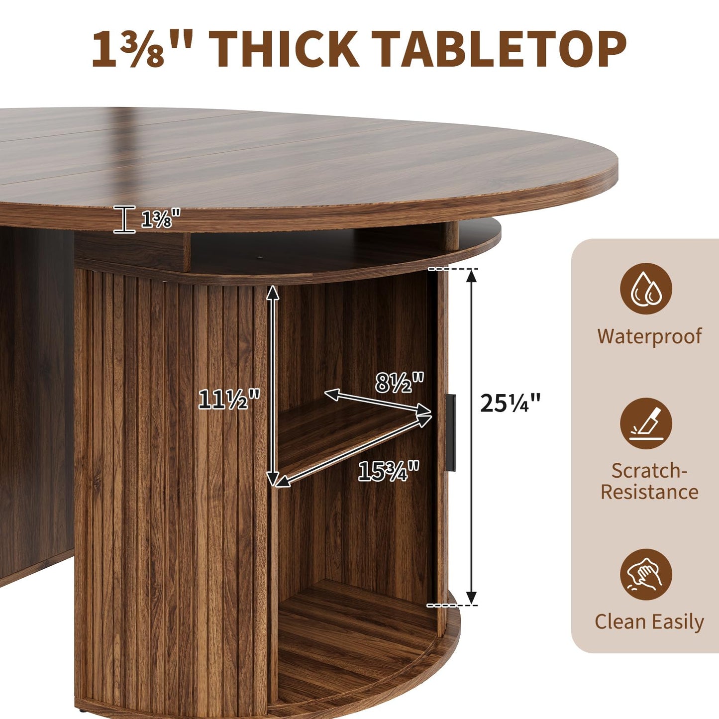 Garvee Extendable Round Dining Table with 2-Tier Storage Shelf & Drawer, 47.5 to 63 Inch Expandable Kitchen Table for 4-8 PM, Modern Farmhouse Fluted Pedestal Oval Circle Dinner Table, Walnut