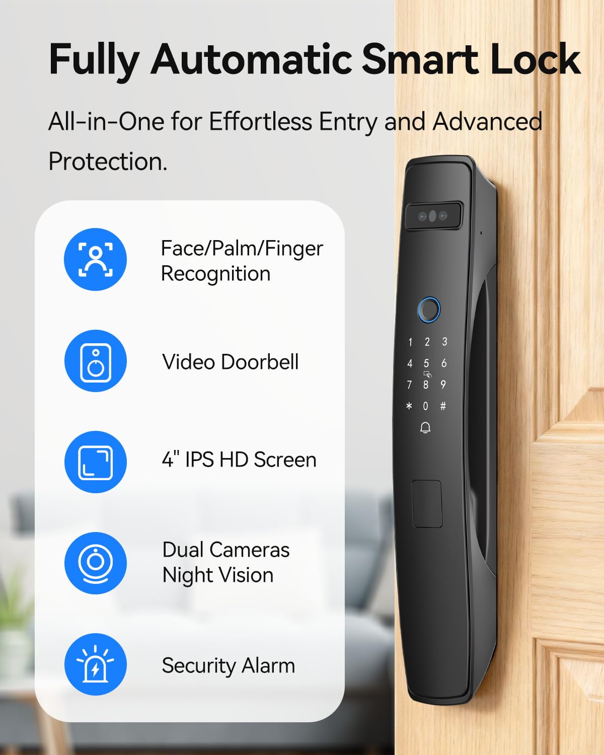 Jacchozhi 3D Face Recognition Smart Lock with Dual Cameras, 2-Way Video, Doorbell, 4" IPS Screen, Night Vision, Tamper Alarm, IP65 Waterproof, WiFi Keyless Entry Mortise Lock for Front Door