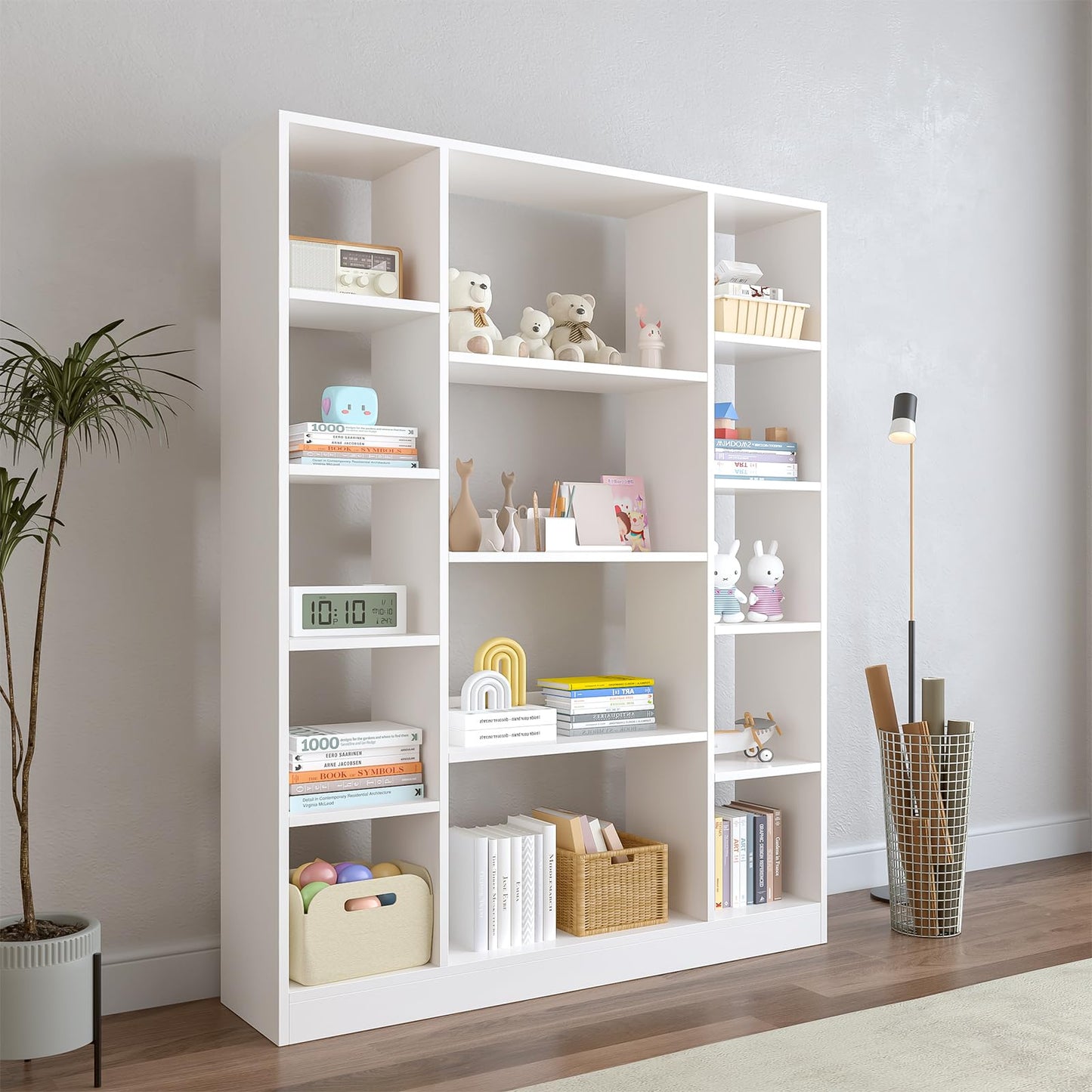 OSCHF Cube Storage Bookcase with Base - Large Wooden Bookshelf with 10 Open Cubes and 4 Shelves for Home and Office, Freestanding Organizer, White