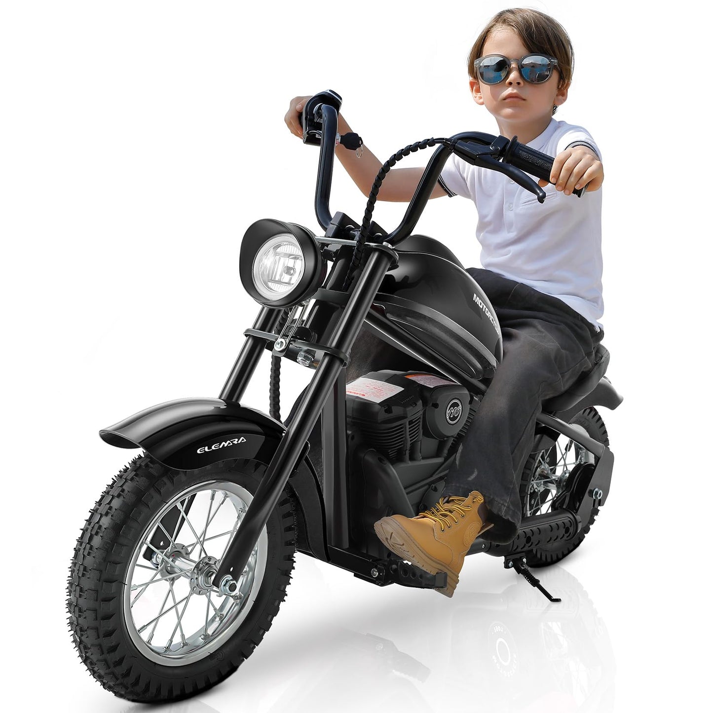 ELEMARA Electric Dirt Bike, 15 mph & 150lb Max, 24V Ride on Toy for Big Kids w/LED Lights & Power Display, Chain-Driven Motor, Twist-Grip Throttle, Shock Springs, Handbrake, 12" Air-Filled Tires-Dark