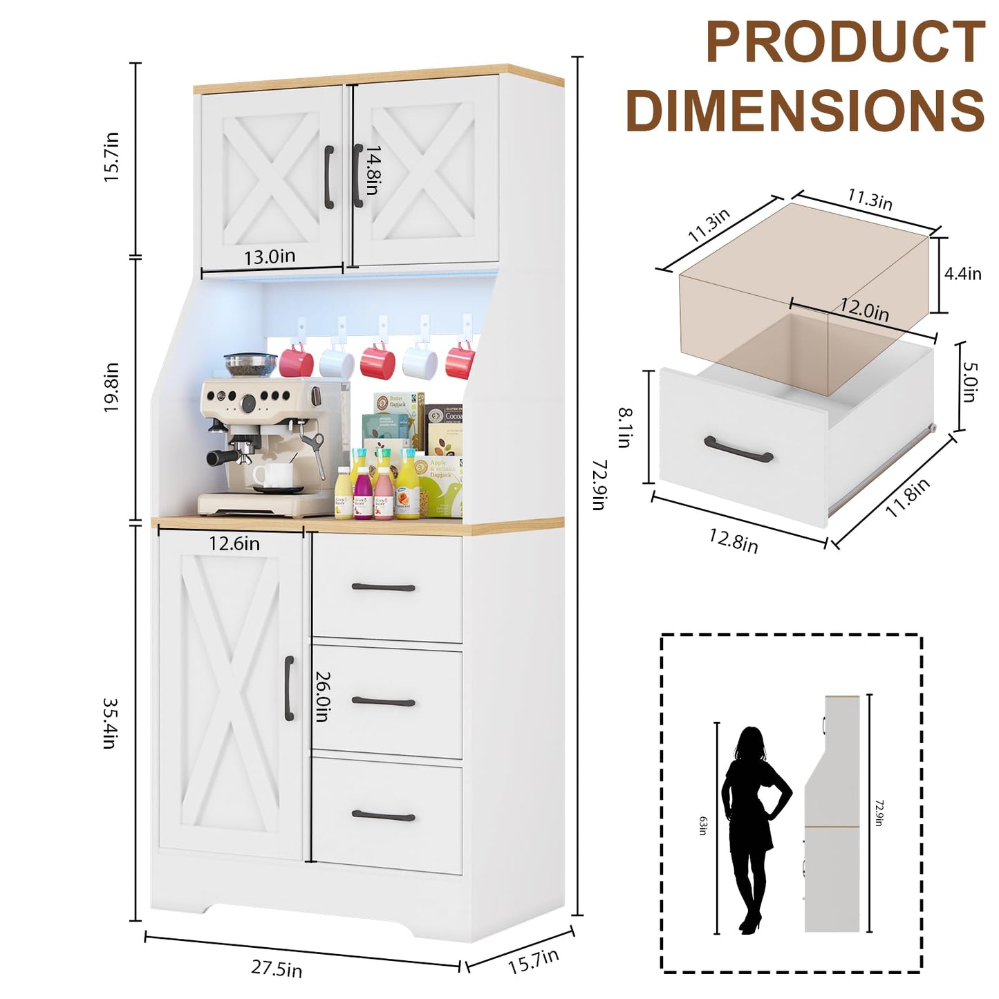 DreamDashio Pantry Cabinet with Adjustable Shelves and 3 Drawers, Tall Kitchen Pantry Storage Cabinet with LED Light & Charging Station, Kitchen Hutch with Microwave Shelf & 6 Hooks for Dining Room