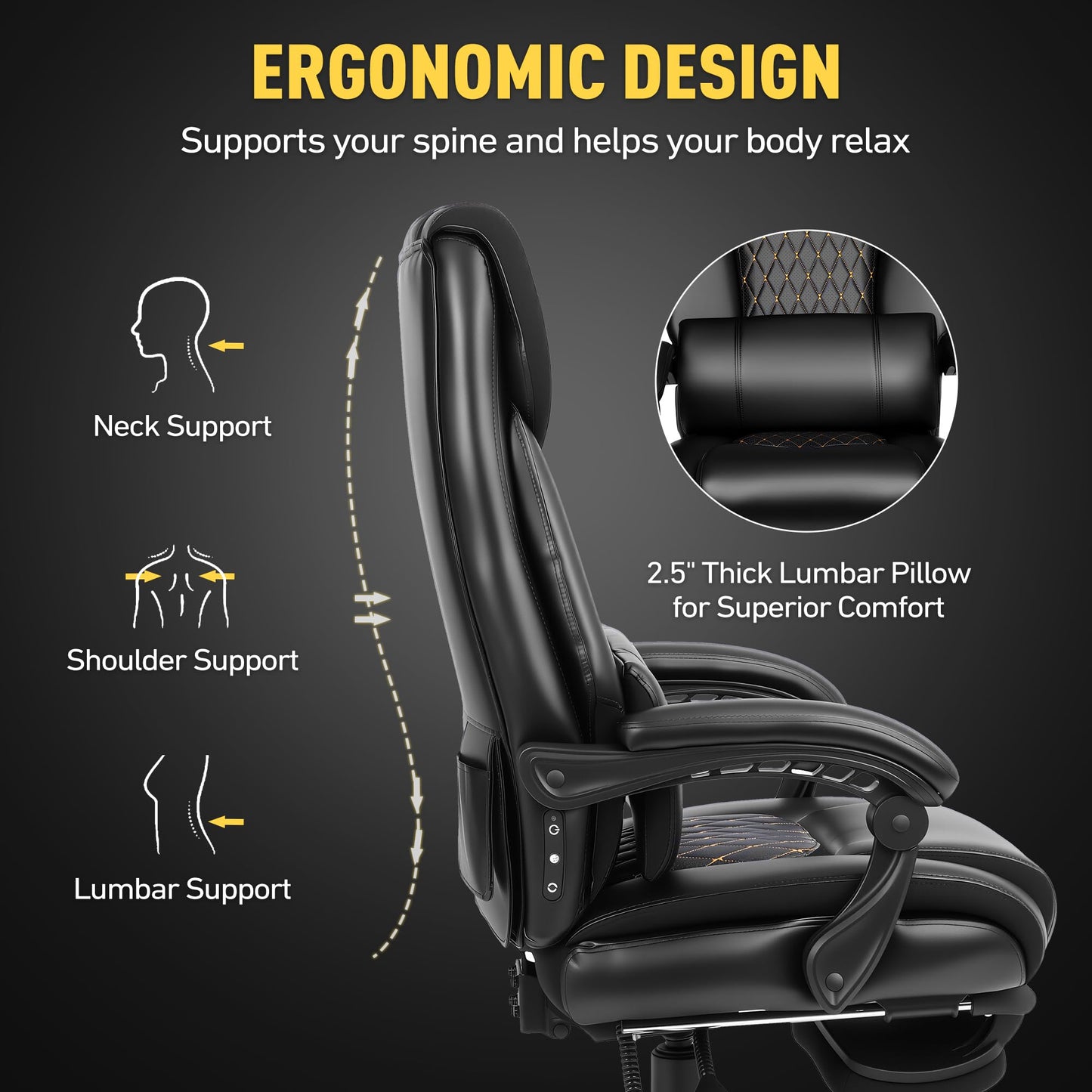 EGSEAT 3D Kneading Massage Office Chair with Heat, 500 lbs Big and Tall Executive Computer Desk Recliner, Leather Electric Heated Chair with Footrest, Black