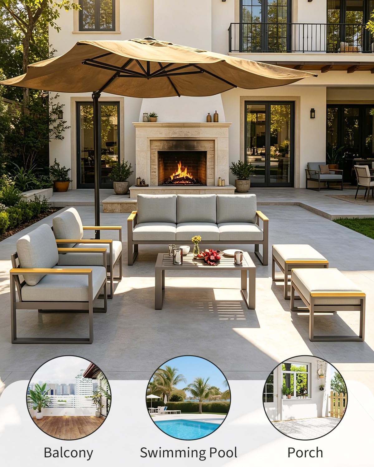 GarveeLife Aluminum Patio Furniture Set, 7 Seats Outdoor Patio Conversation Sets with Coffee Table, 6 Pieces Metal Conversation Sectional Furniture Sofa for Balcony, Garden, Deck, Backyard,Gray