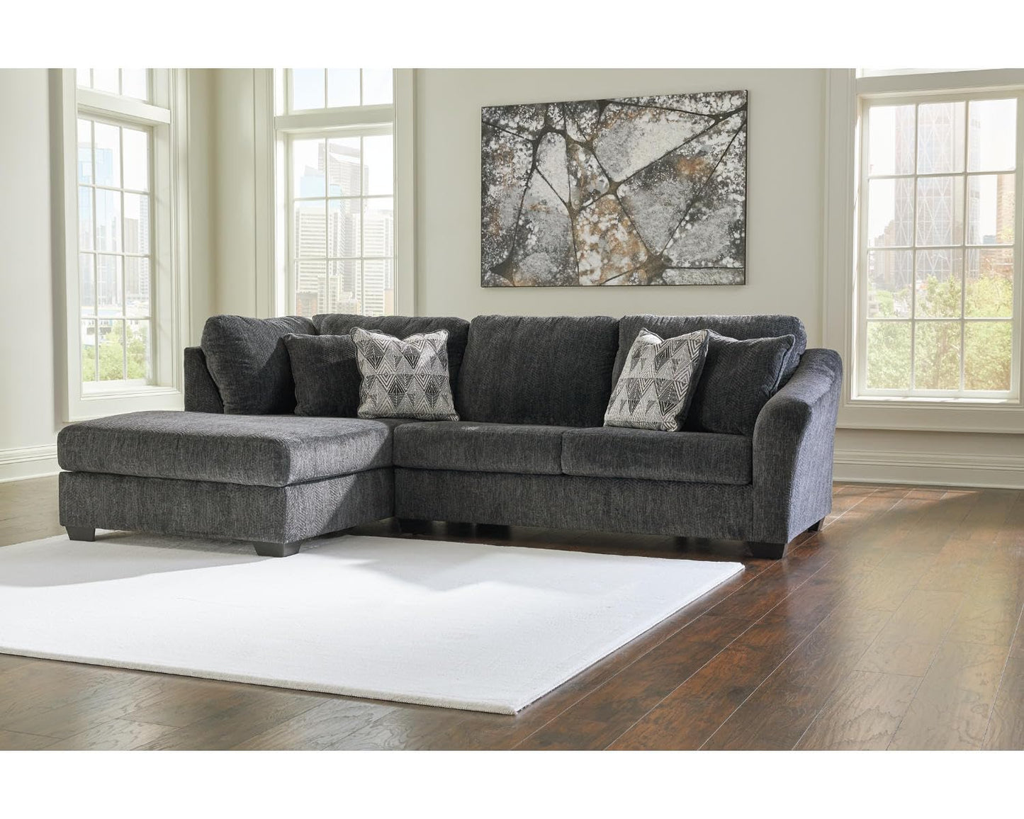 Signature Design by Ashley Biddeford Contemporary Left-Arm Facing Convertible 2-Piece Sleeper Sectional with Chaise, Bi-Fold Memory Foam Mattress and 4 Accent Pillows, Full, Gray