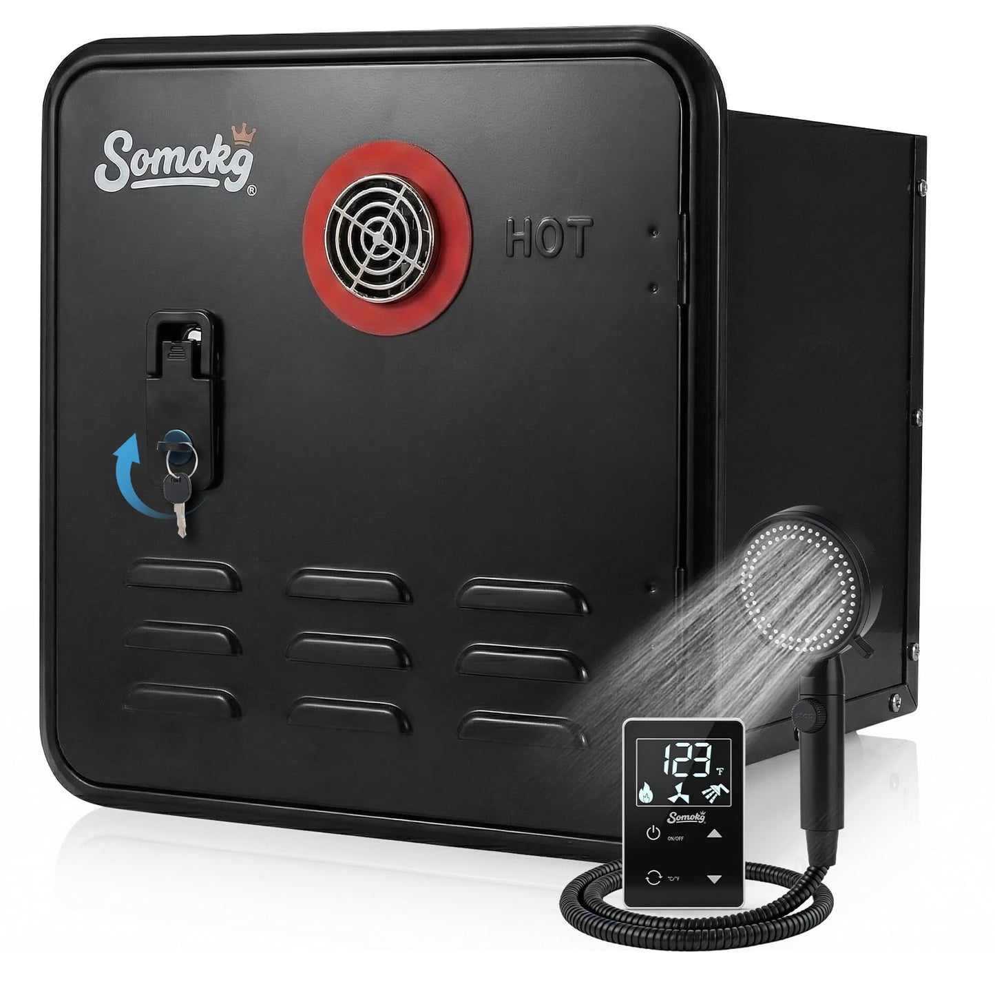 RV Tankless Water Heater 12V, 65,000 BTU Propane Powered Instant Hot Water, Includes 15''×15'' Lockable Door & Remote, Anti-Freeze & High Altitude, CSA Certified for Safe Off-Grid Camping