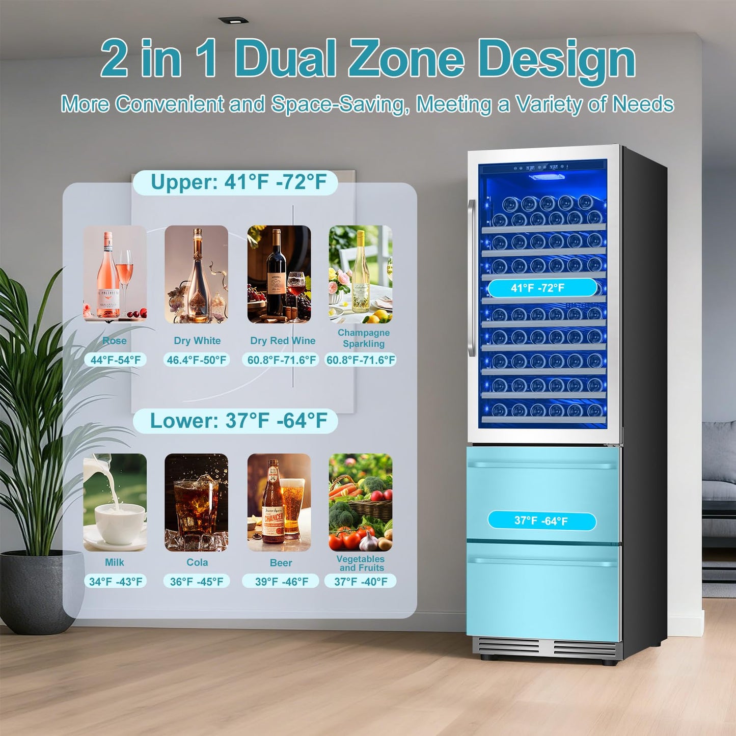 Tylza Wine and Beverage Refrigerator, 24'' Dual Zone Wine Fridge with Dual Drawers, Holds 160 Cans and 120 Bottles, Reversible Door, Built-In or Freestanding, Beverage Fridge for Home or Commercial