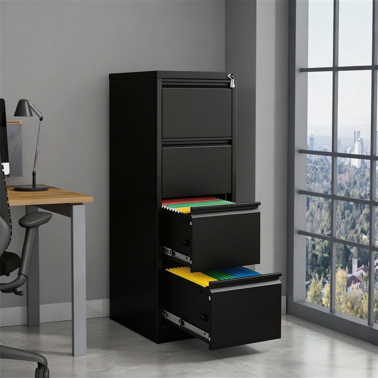 PeacefulHues 4 Drawer Metal Filing Cabinet with Lock, Heavy Duty Vertical File Cabinet for Home Office, Stores Letter, Legal, A4 & F4 Size Documents Black