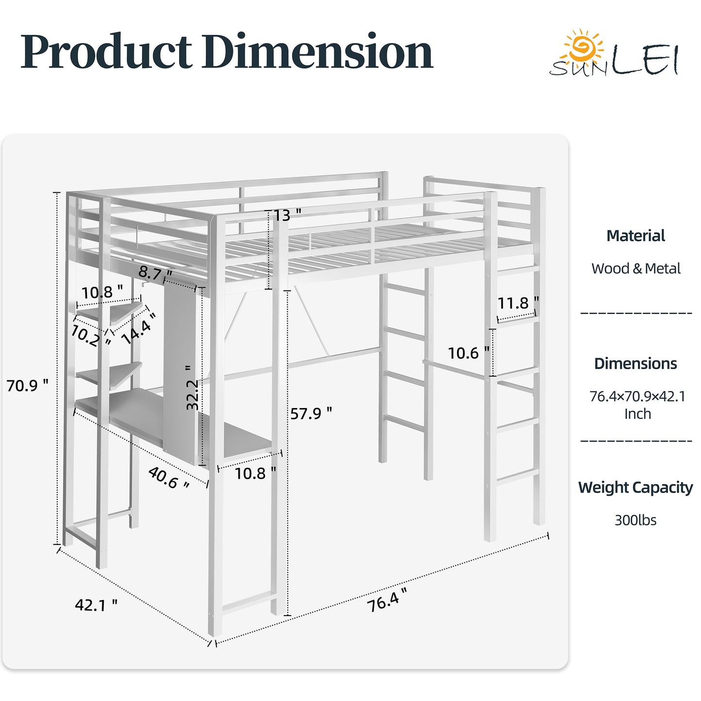 SUNLEI Metal Twin Loft Bed with Desk, Twin Size Loft Bed with 2 Built-in Ladders & Safety Guard, Noise Free for Small Bedroom, Matte White