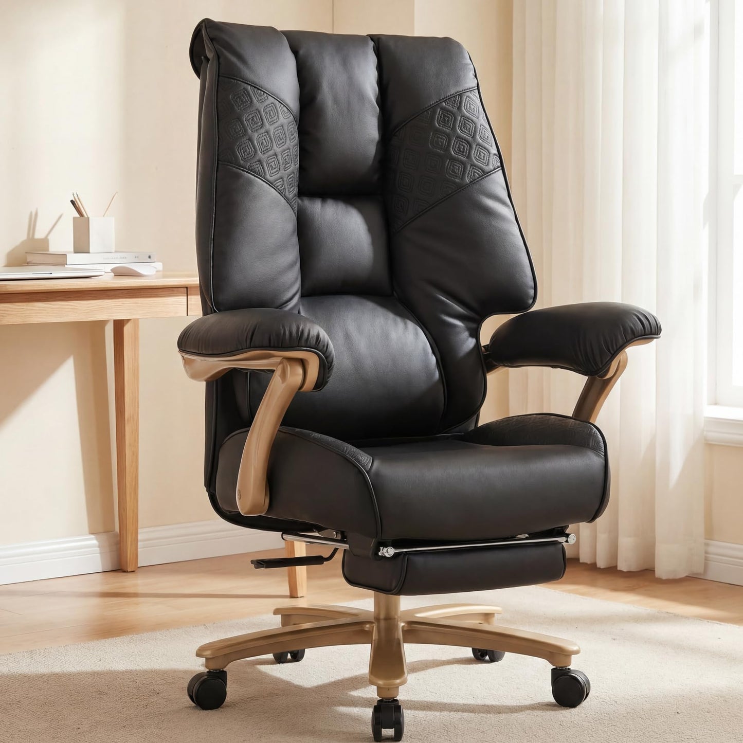 EXCEBET Big and Tall Office Chair 400lbs Wide Seat, Ergonomic Executive Desk Office Chair with Footrest, High Back PU Leather Chair with Lumbar Support, Padded Armrests, Heavy Duty Base, Black