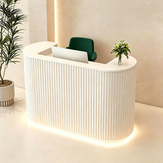 HMBTCRY Reception Desk with Counter, 47" Curved Checkout Counter with Led Lights, Lockable Drawers, Hidden Cable Management and Wood Construction, Salon Reception Counter for Beauty Salons