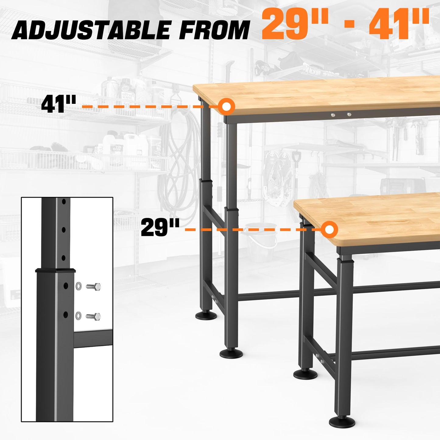 TORACK Adjustable Workbench with Rubberwood Top, 60" x 23.5" Heavy-Duty Garage Work Table, Height Adjustable 29"–41", Supports Up to 2000 lbs