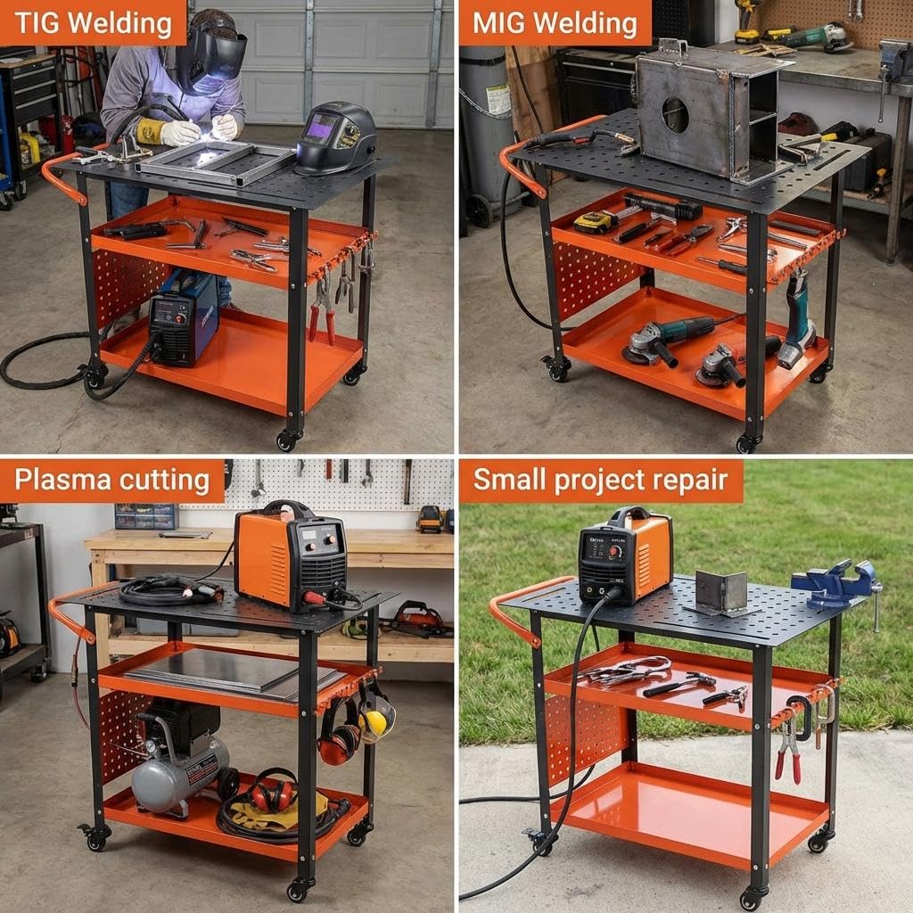 Heavy-Duty Welding Table with Wheels, 36"X24" Portable Welder Workbench with 5/8" Fixture Holes & Storage Panels for Shop & Workshop | Mobile Welding Station & Fabrication Table