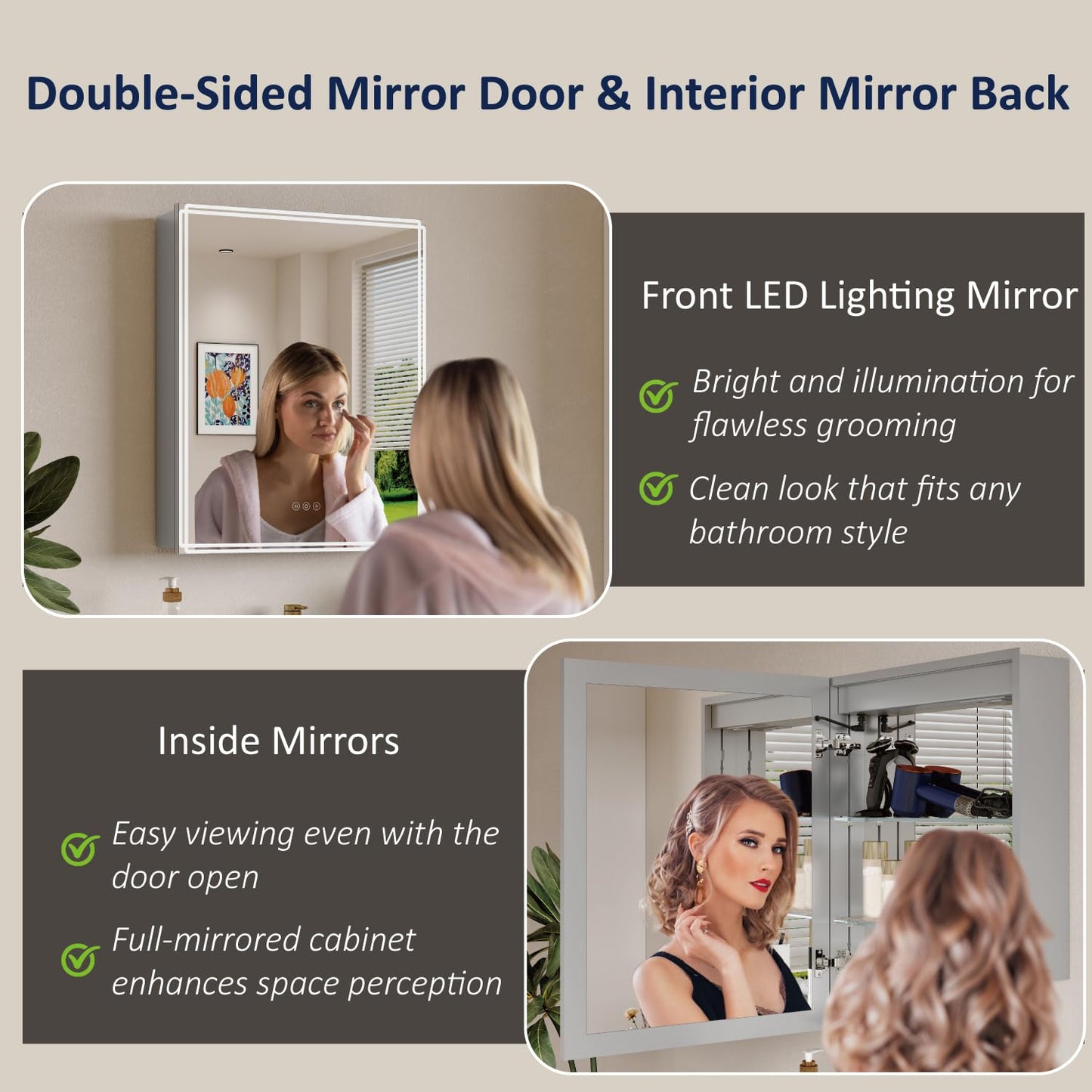 Buruis 24'' x 30'' Medicine Cabinet with Lights and Mirrors, Recessed or Wall Mounted Modern Bathroom Cabinet with 3-Mode Light, Anti-Fog, Dimmable, Memory Function, Outlet, Silver