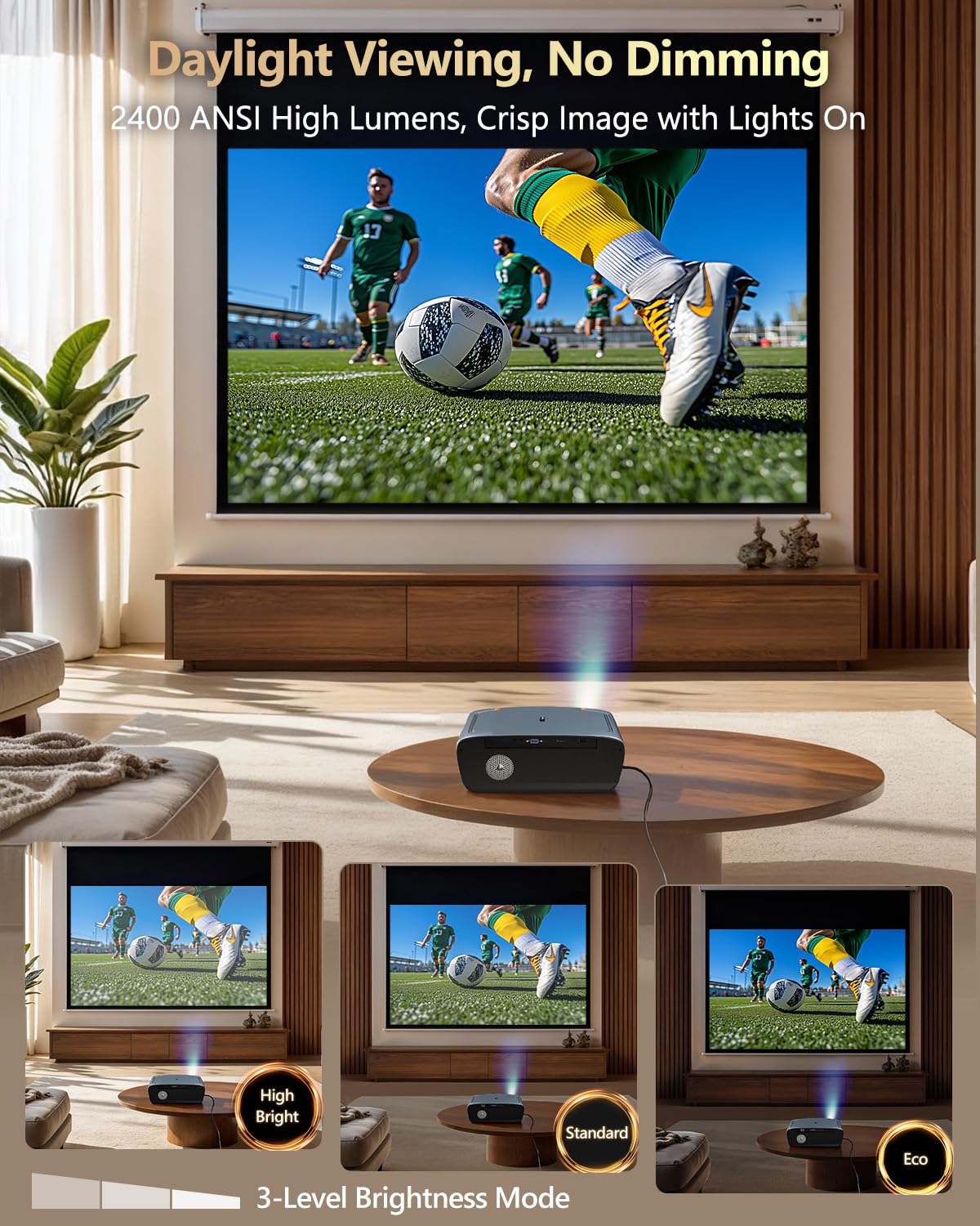 Smart Projector 4K with Google TV, 2400 ANSI Lumens Daytime Viewing, HDR10, NFC, WiFi 6,Bluetooth 5.4, DB Audio, HDMI ARC 2.1,Auto Focus&Keystone,Zoom,Ceiling Mount Home Theater Movie&Gaming Projector