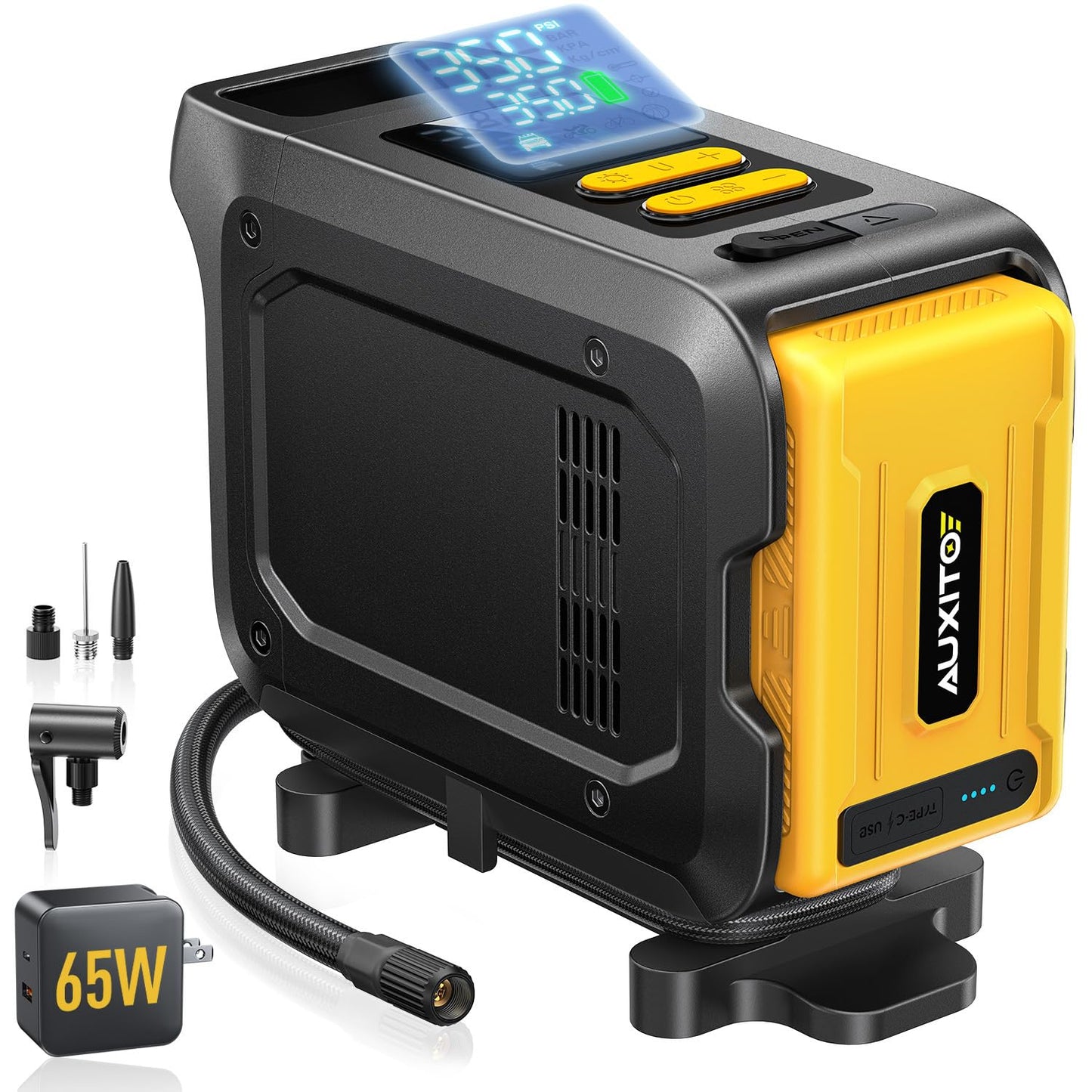 AUXITO 26000mAh Heavy Duty Tire Inflator, Portable Air Compressor 150PSI for Car Tires – Built-in Power Station & 65W Fast Charging – Emergency Air Pump for Truck, F-150, Off-Road, RV Camping