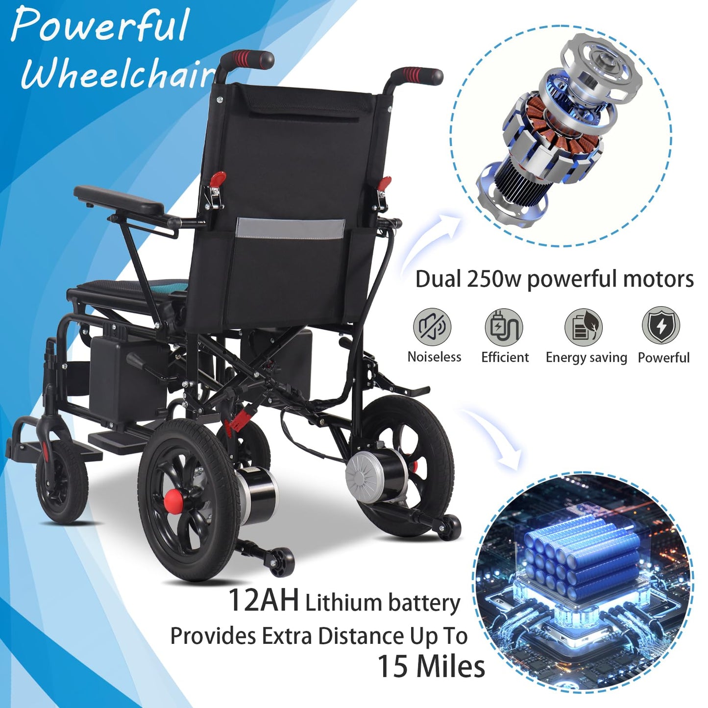 Electric Wheelchair,All Terrain Motorized Wheelchair for Seniors,Long Range Lightweight Foldable Electric Wheelchair15 Mile Range, 500W Motor
