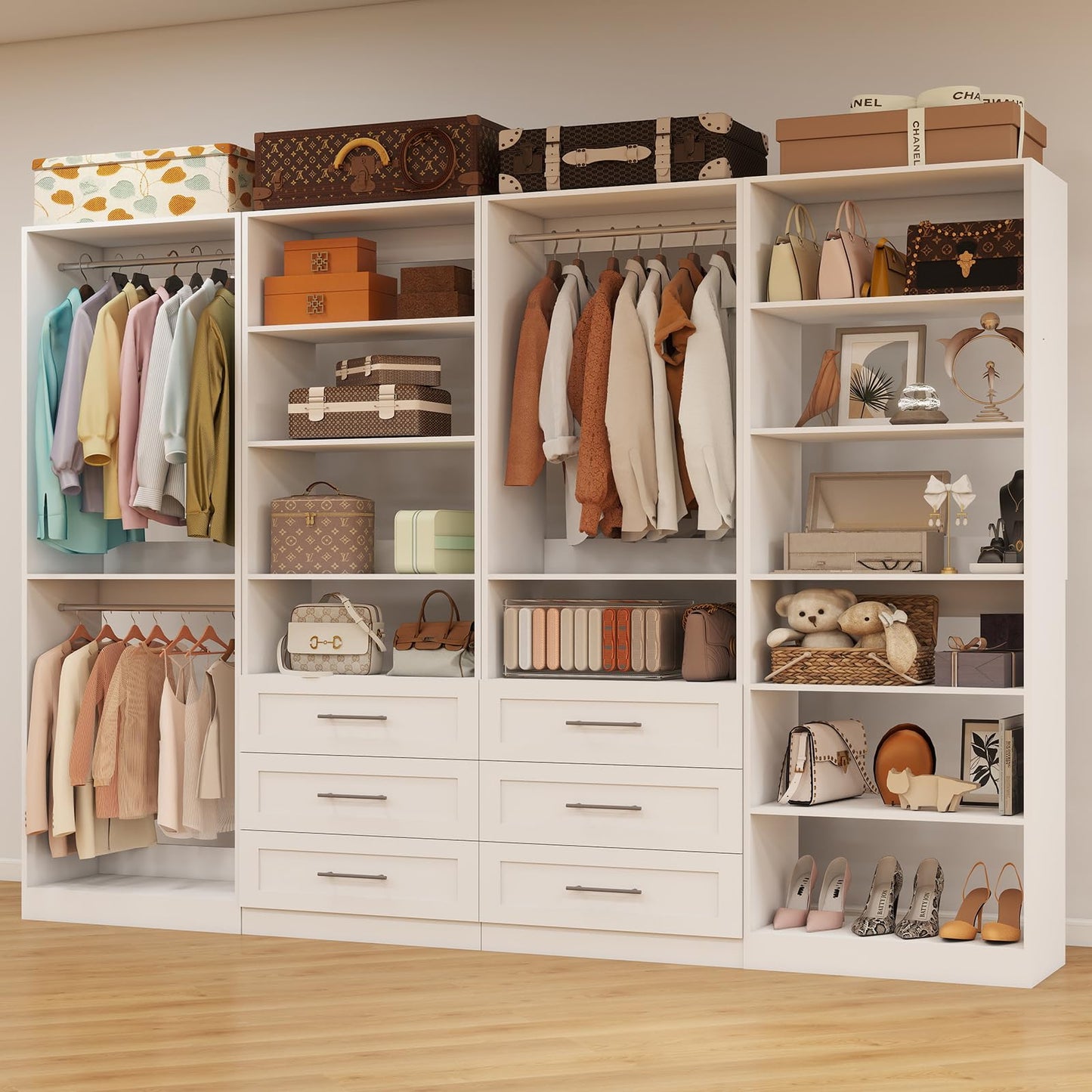 dooloric Closet System with 4 Sets, 8-21FT Closet Organizer Systems with 6 Drawers & 7 Hanging Rods & Adjustable Shelves, Walk in Closet Standalone Closet System Modular Closet System Set White