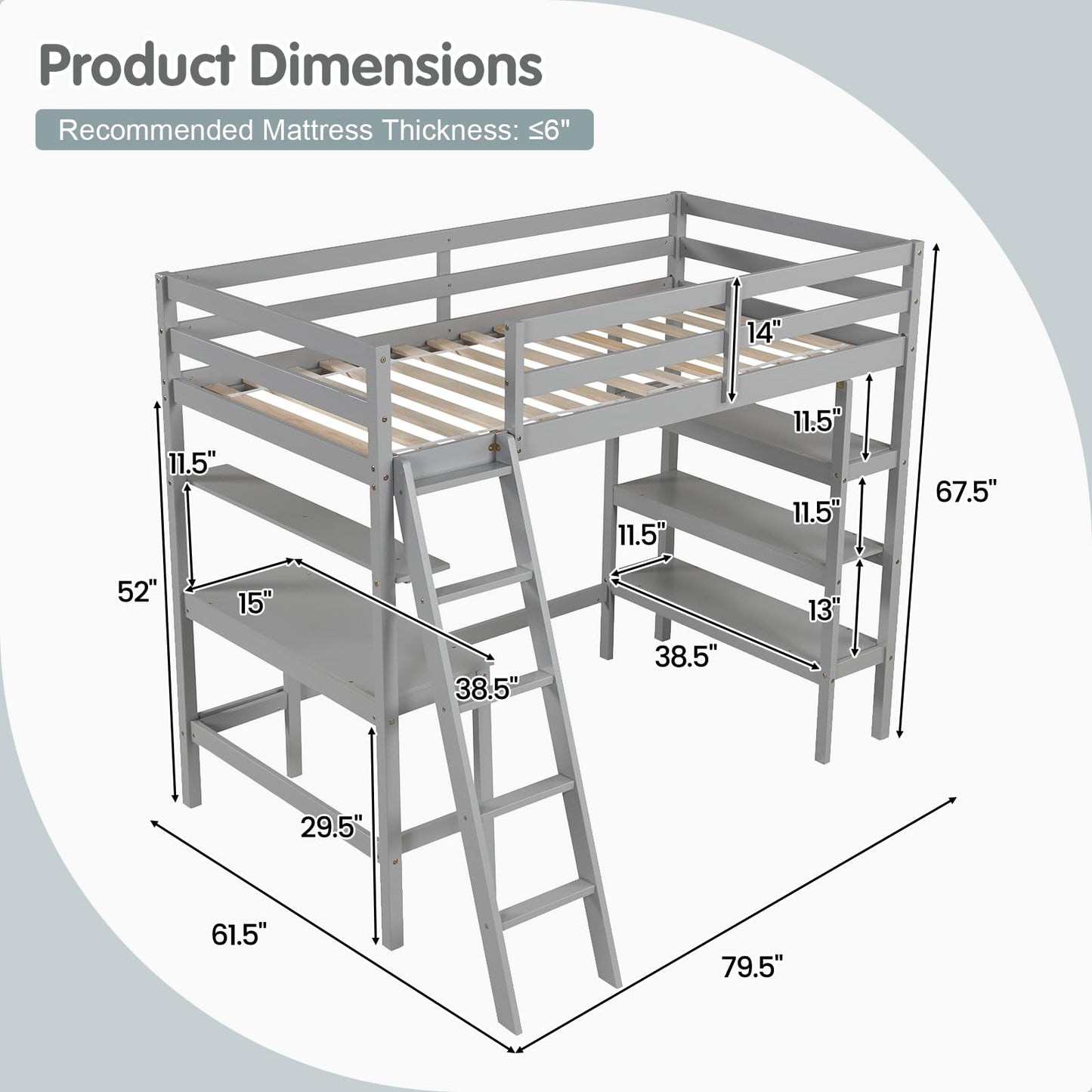 KOTEK Twin Loft Bed with Desk & Storage Shelves, Solid Wood Loft Bed Frame with Bookcase, Ladder, Guardrails, Twin Size Loft Bed for Kids, Teens, Drom, Apartment (Grey)