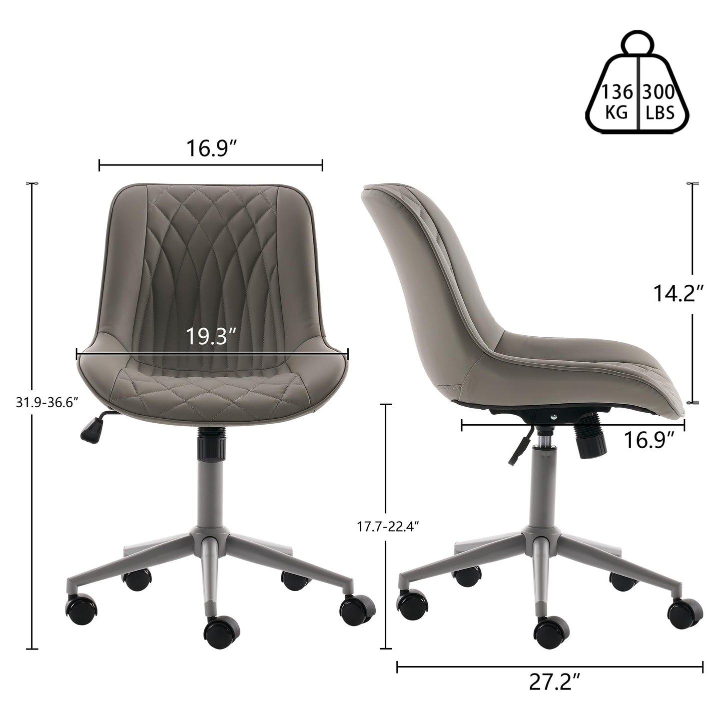 YOUNIKE Grey Faux Leather Ergonomic Office Chair Armless Comfy Desk Chair with Rocking Back Cute Swivel Vanity Chair with Wheels Height Adjustable Small Computer Task Chair for Sewing Drafting