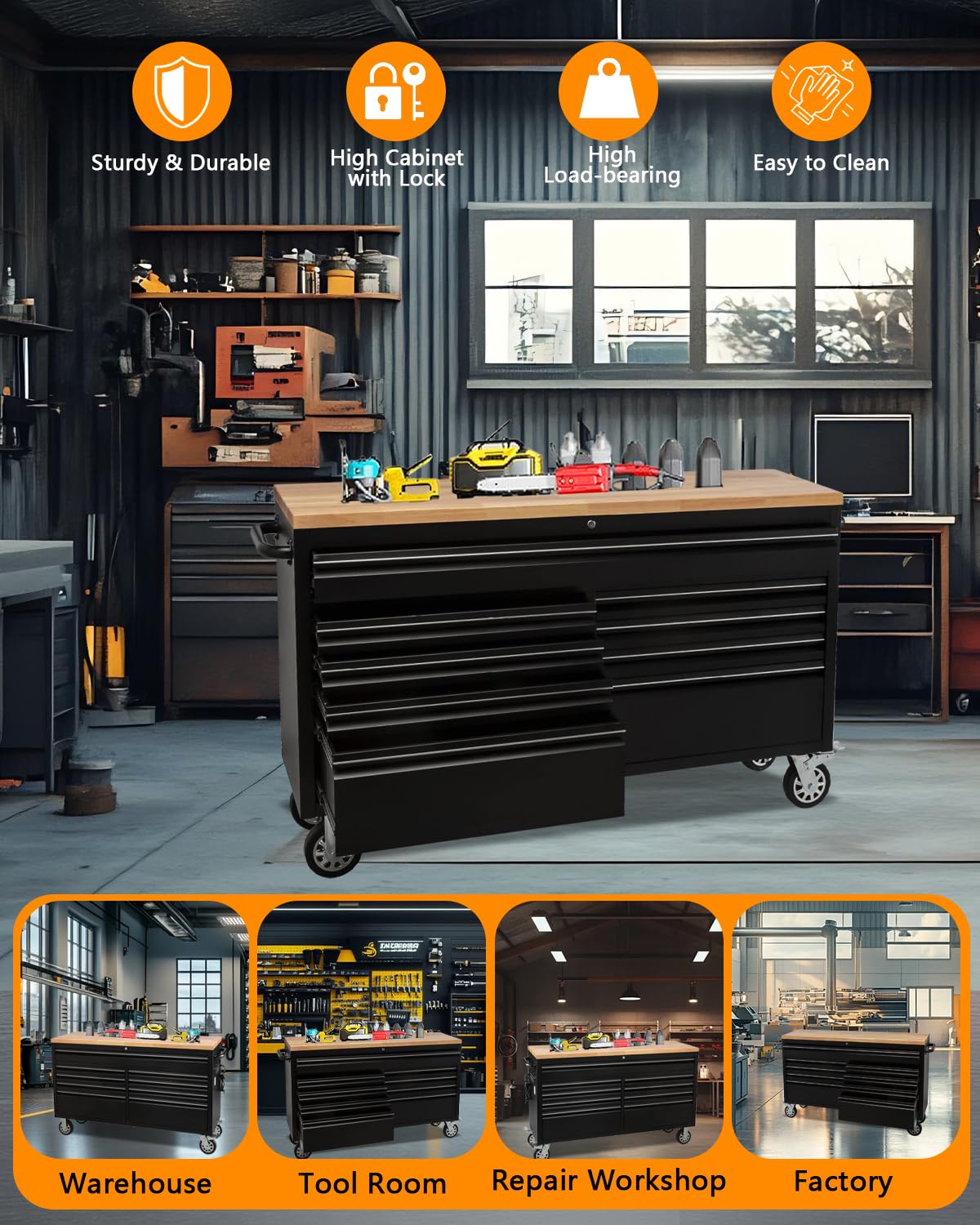 ExploreHorizon 61-Inch Heavy-Duty Rolling Tool Chest & Mobile Workbench with 9 Drawers, Steel Storage Cabinet with Rubber Wood Top, Key Lock, Drawer Liners and Wheels for Garage, Workshop, Black